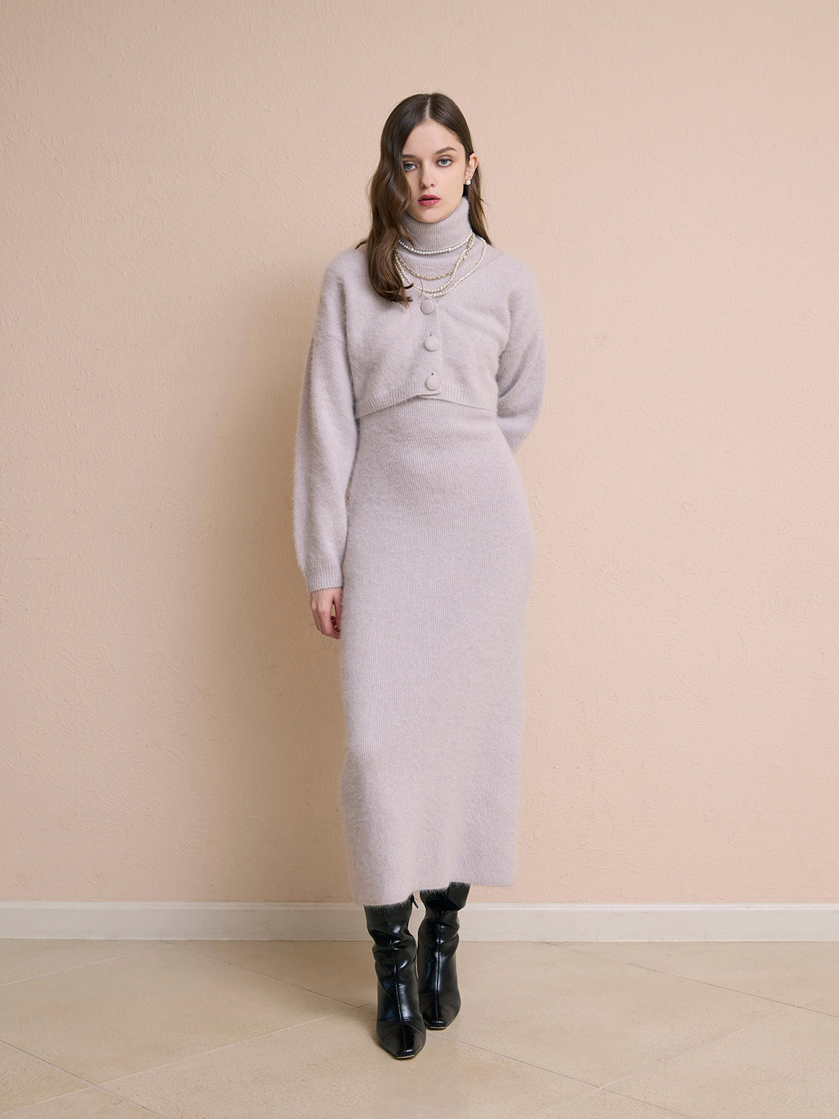 オフショルニットカーデセットワンピ