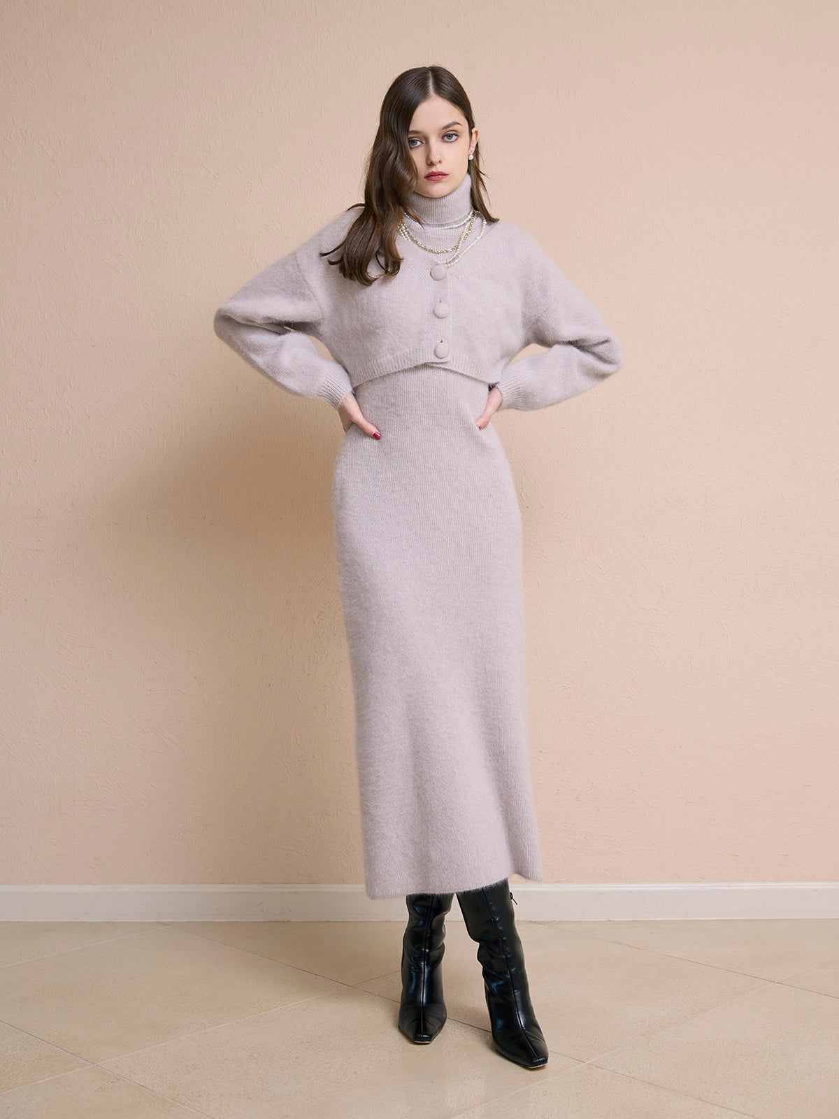 オフショルニットカーデセットワンピ