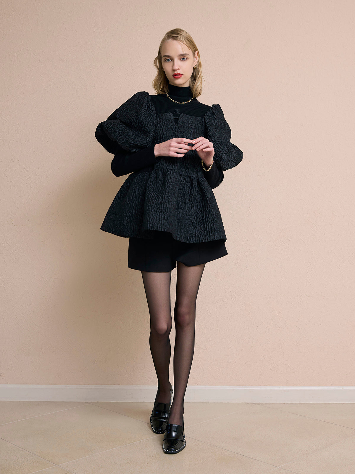 2wayバックリボンジャガードペプラムトップス