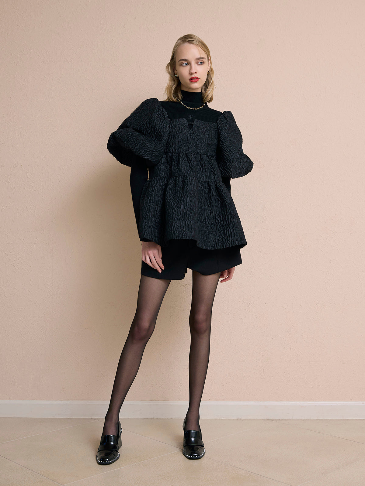 2wayバックリボンジャガードペプラムトップス