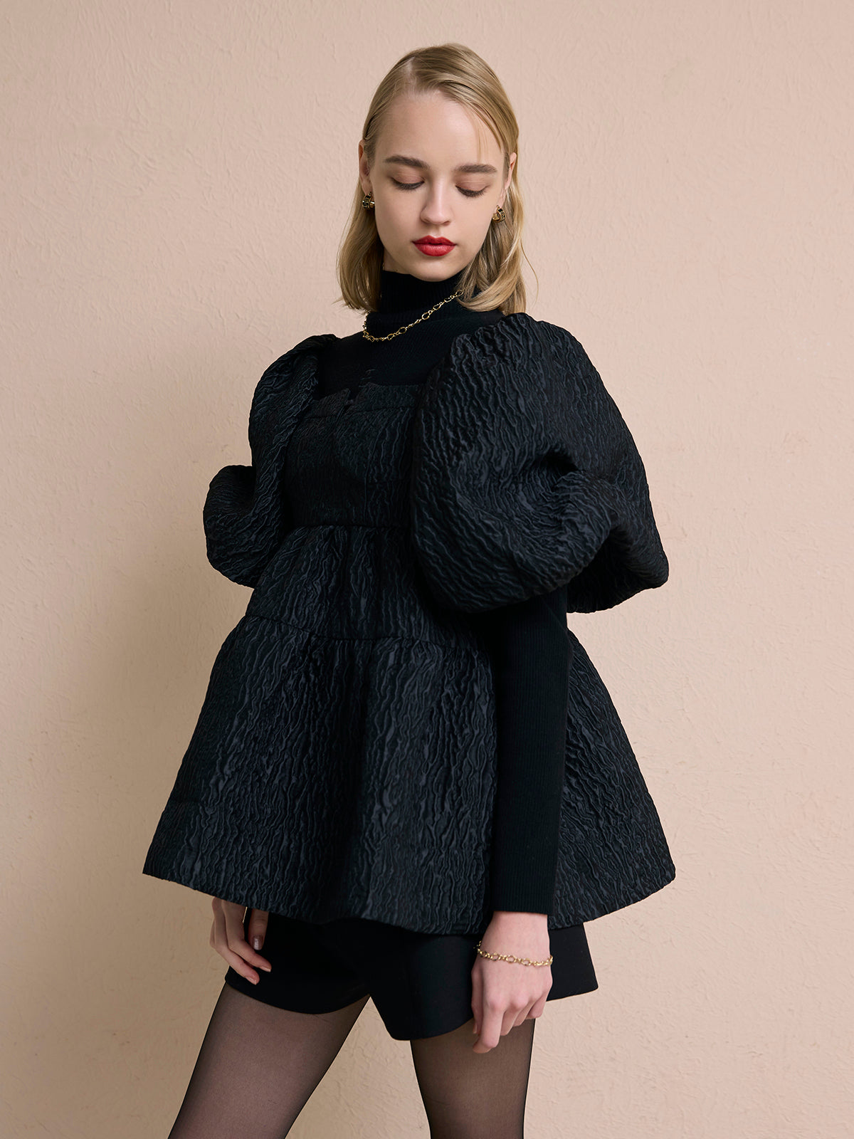 2wayバックリボンジャガードペプラムトップス