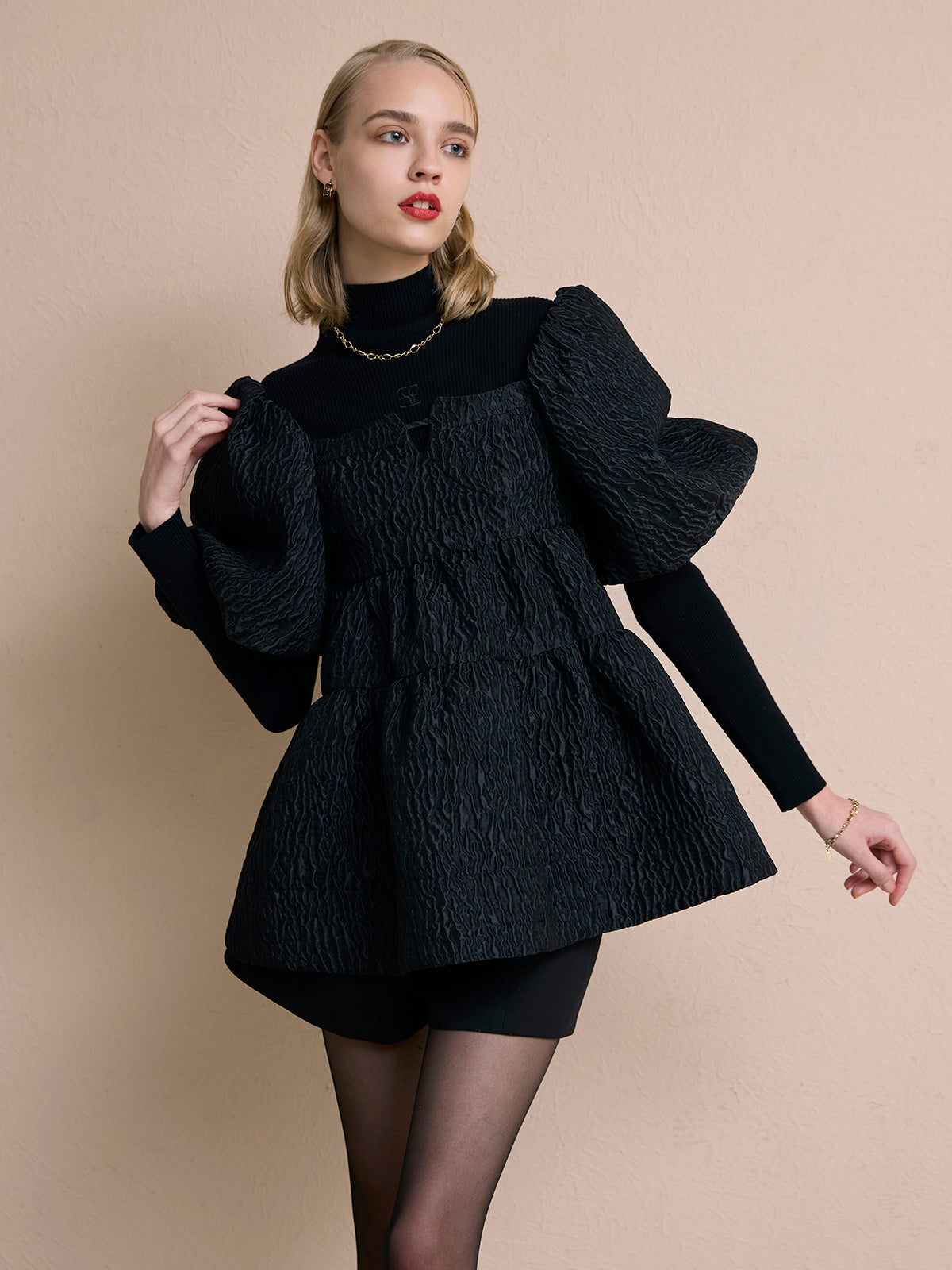 2wayバックリボンジャガードペプラムトップス