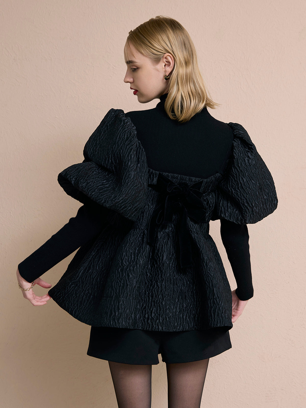 2wayバックリボンジャガードペプラムトップス