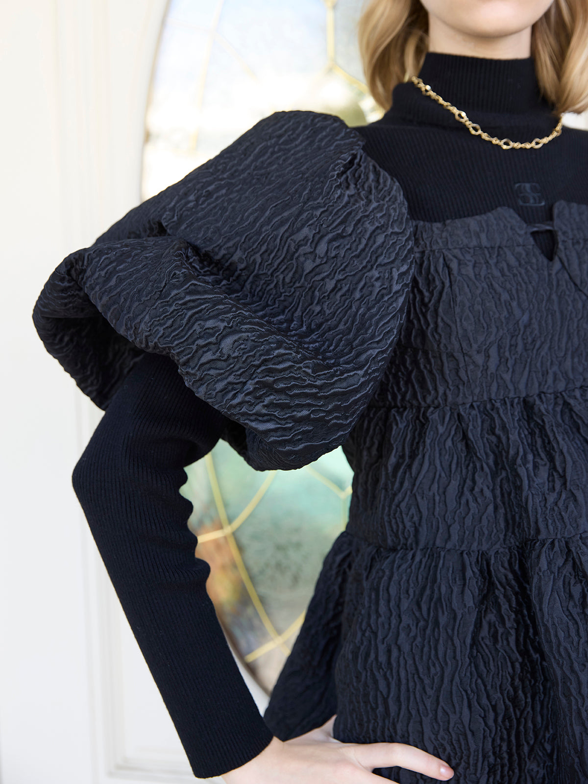 2wayバックリボンジャガードペプラムトップス