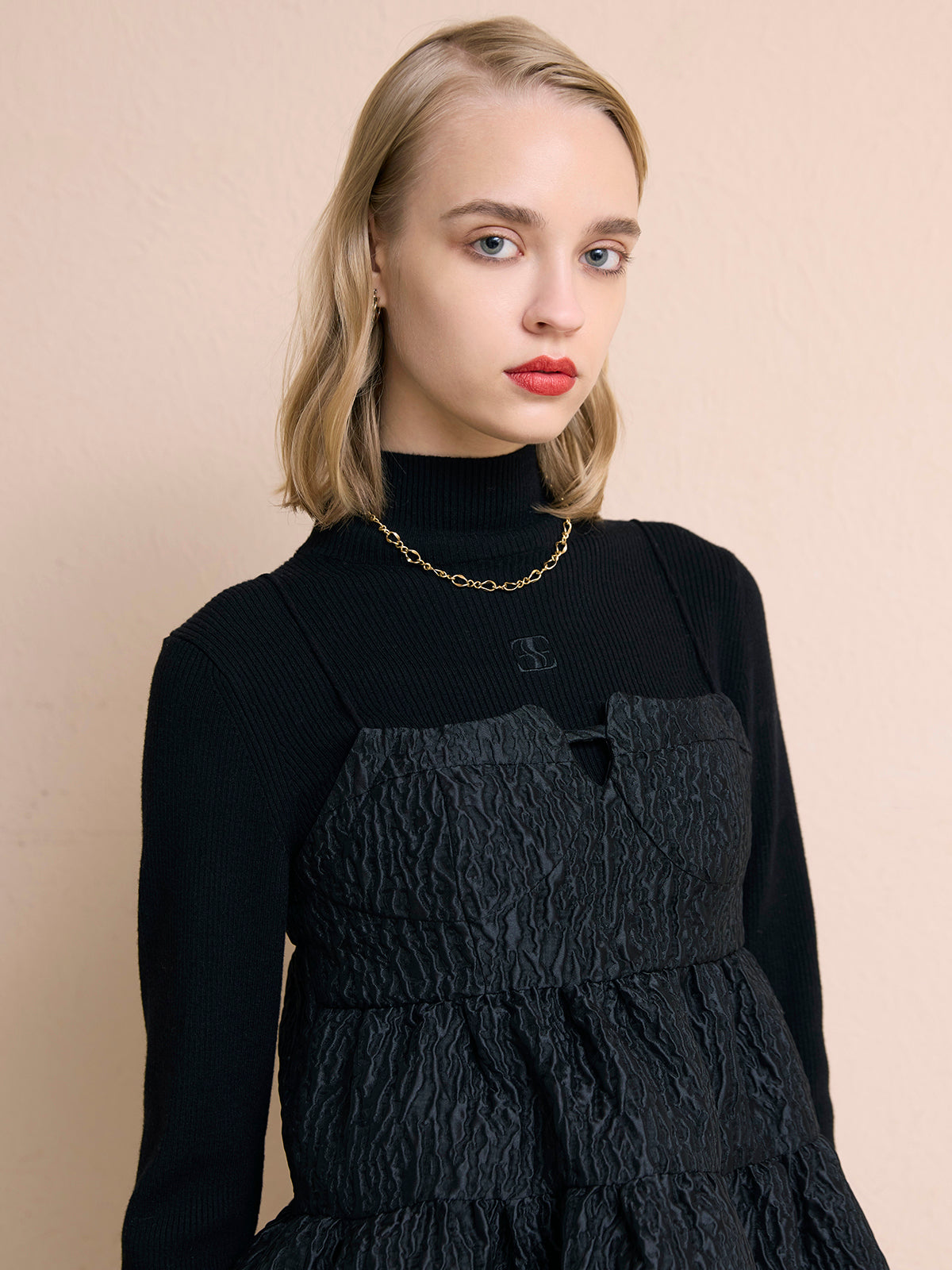 ボトルネックリブニットトップス