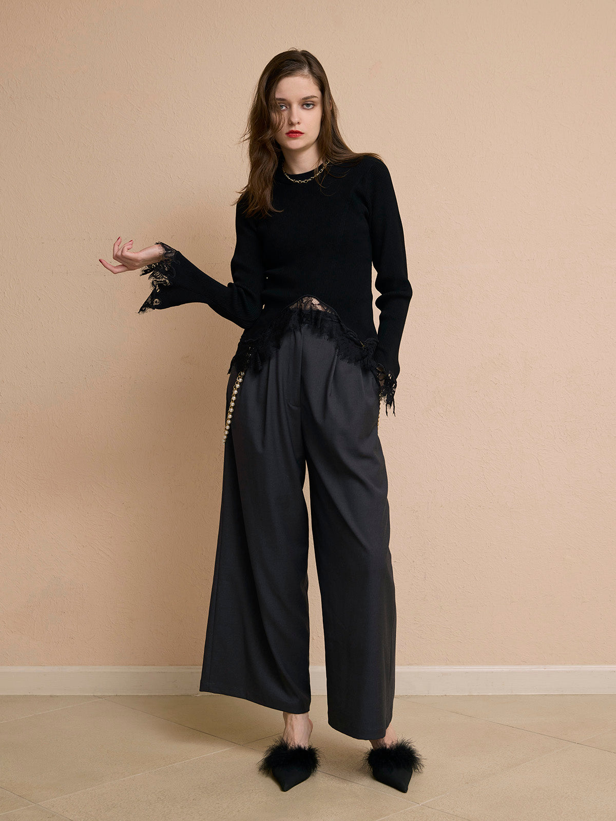 レーストリムリブニットトップス