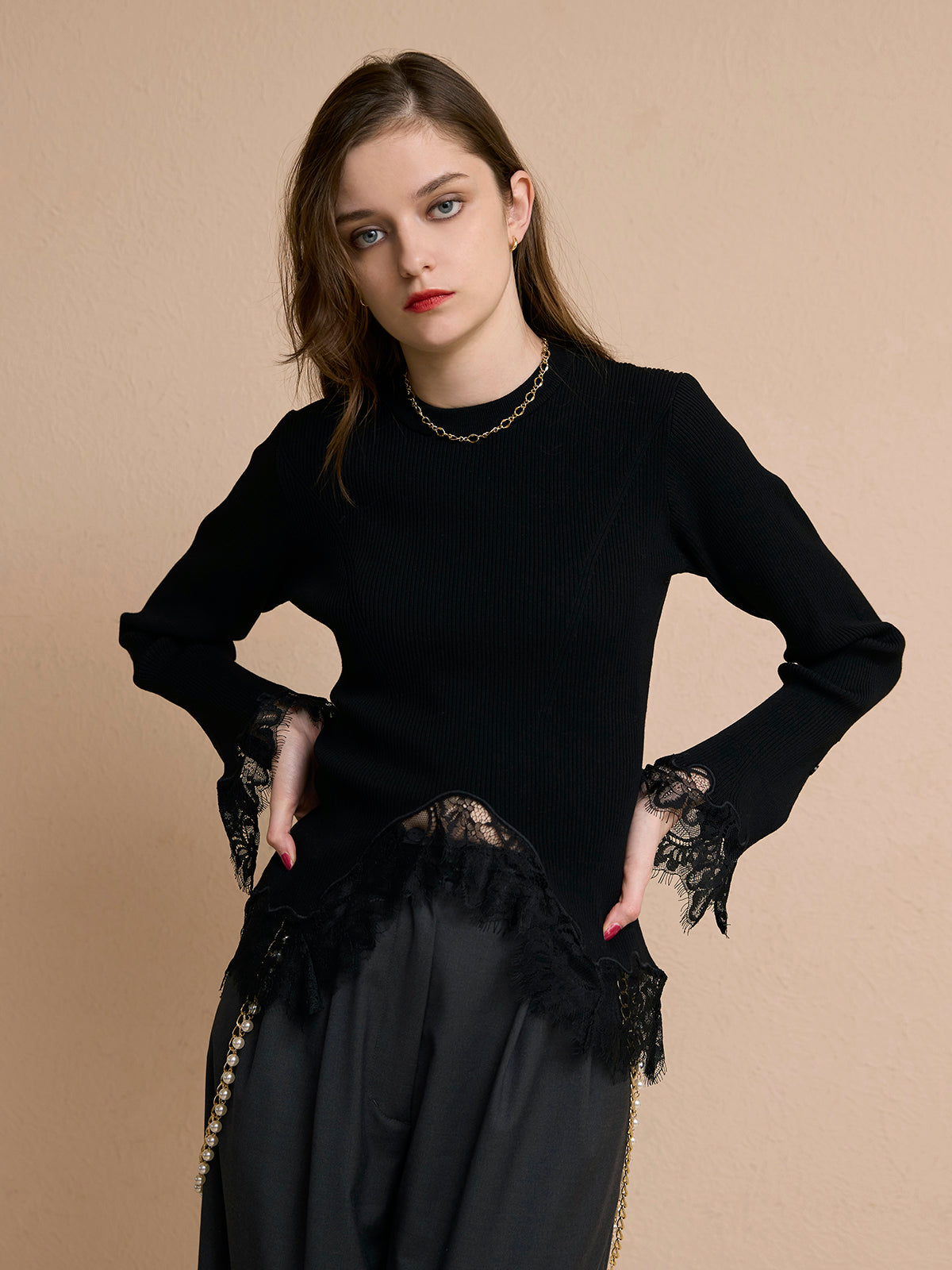 レーストリムリブニットトップス