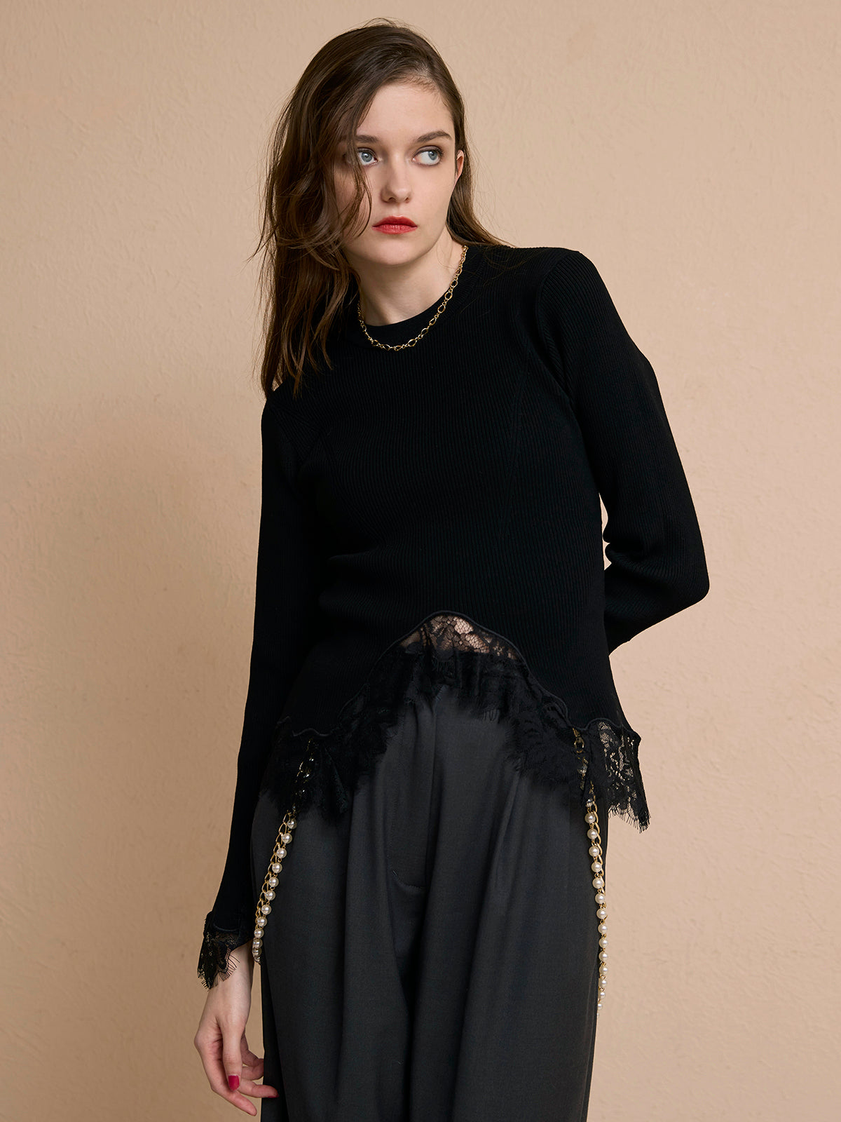 レーストリムリブニットトップス