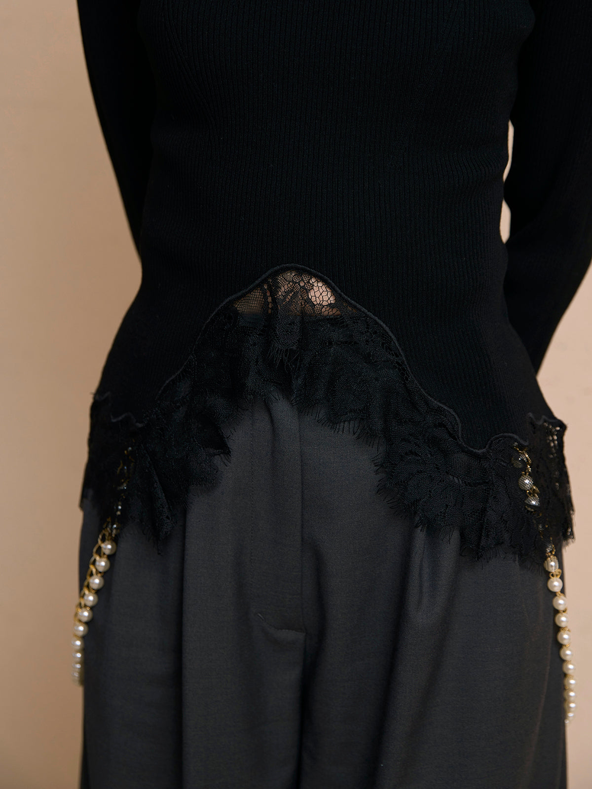 レーストリムリブニットトップス