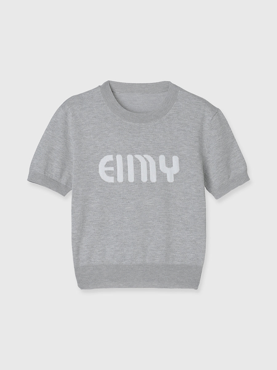 eimy istoire ロゴ刺繍 リブニット 半袖 グレー EIMYロゴハーフスリーブニット