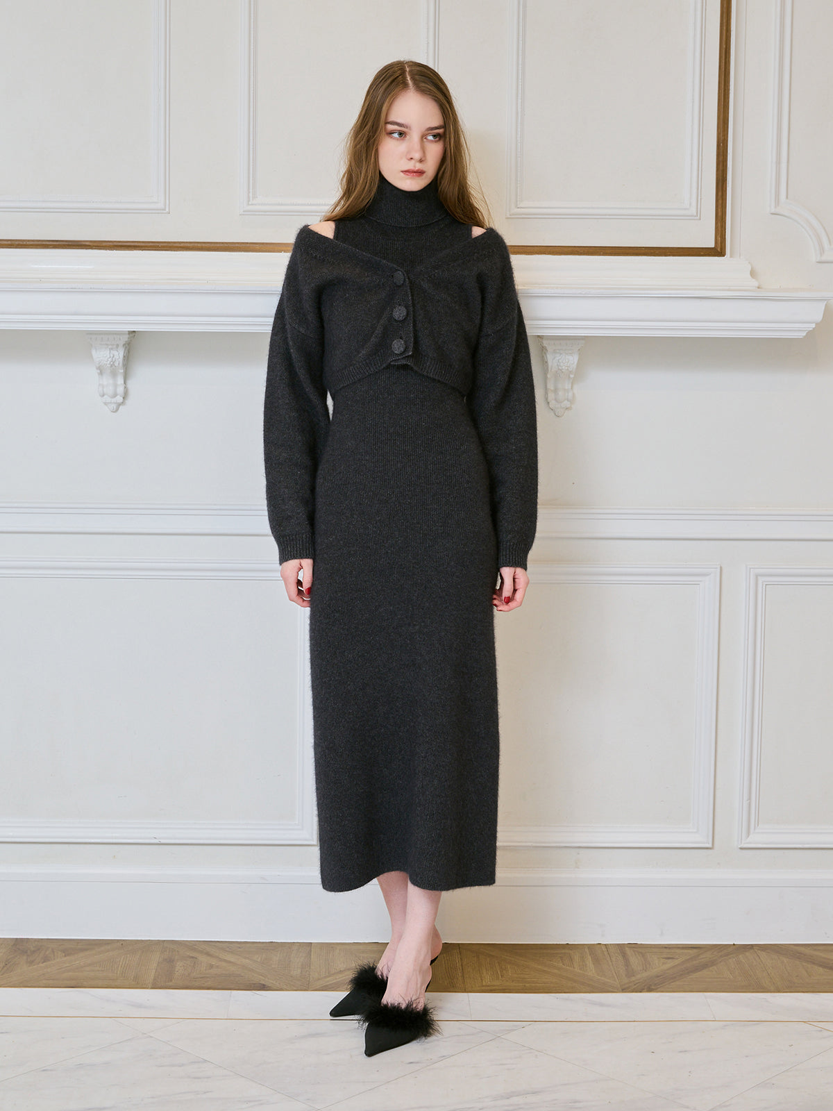 オフショルニットカーデセットワンピ