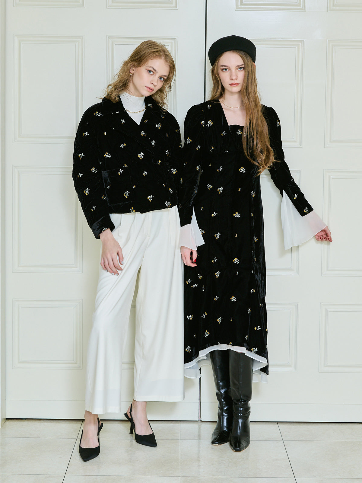 フワラーモチーフベルベットレースカラーワンピース