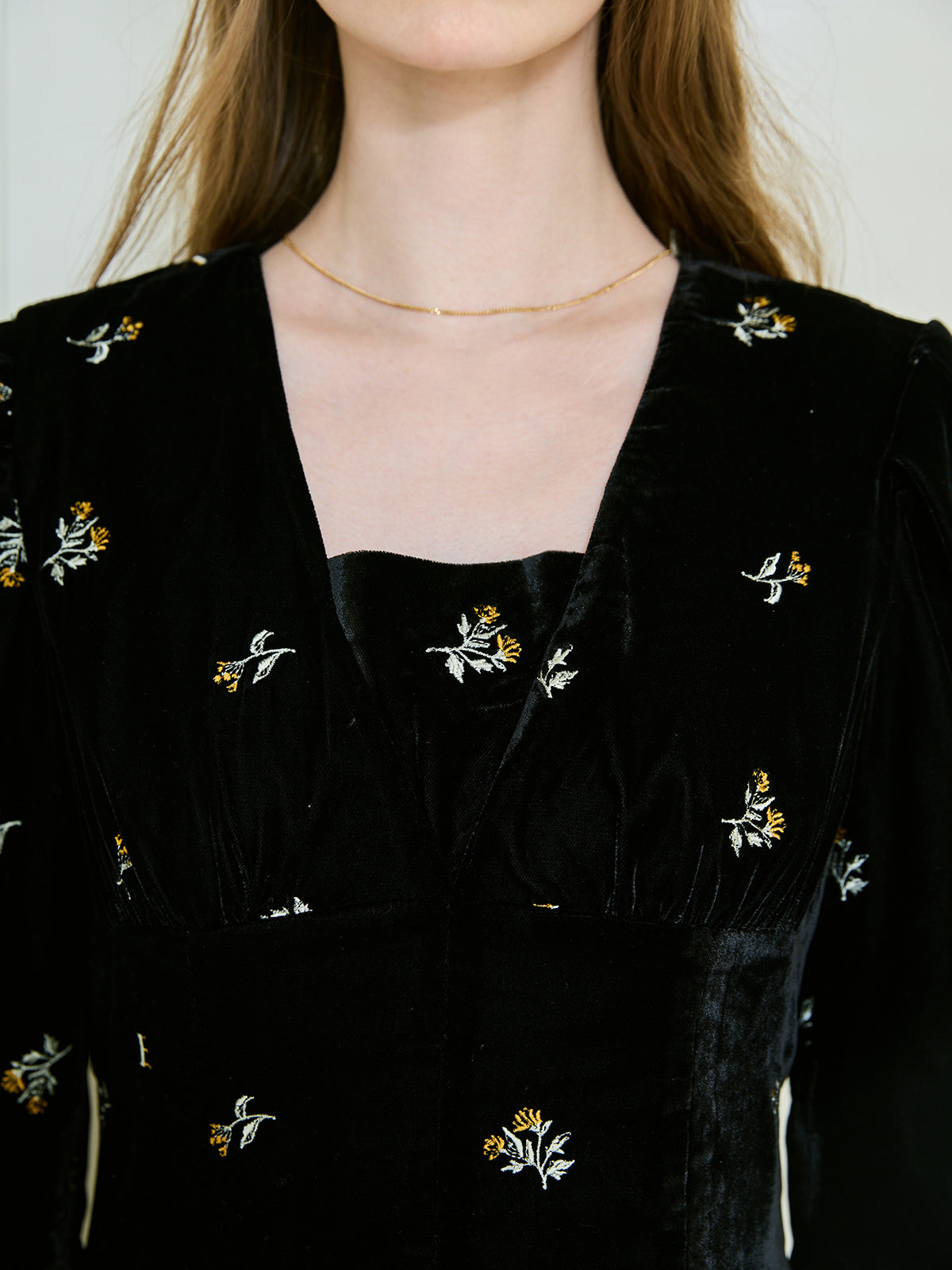 フワラーモチーフベルベットレースカラーワンピース