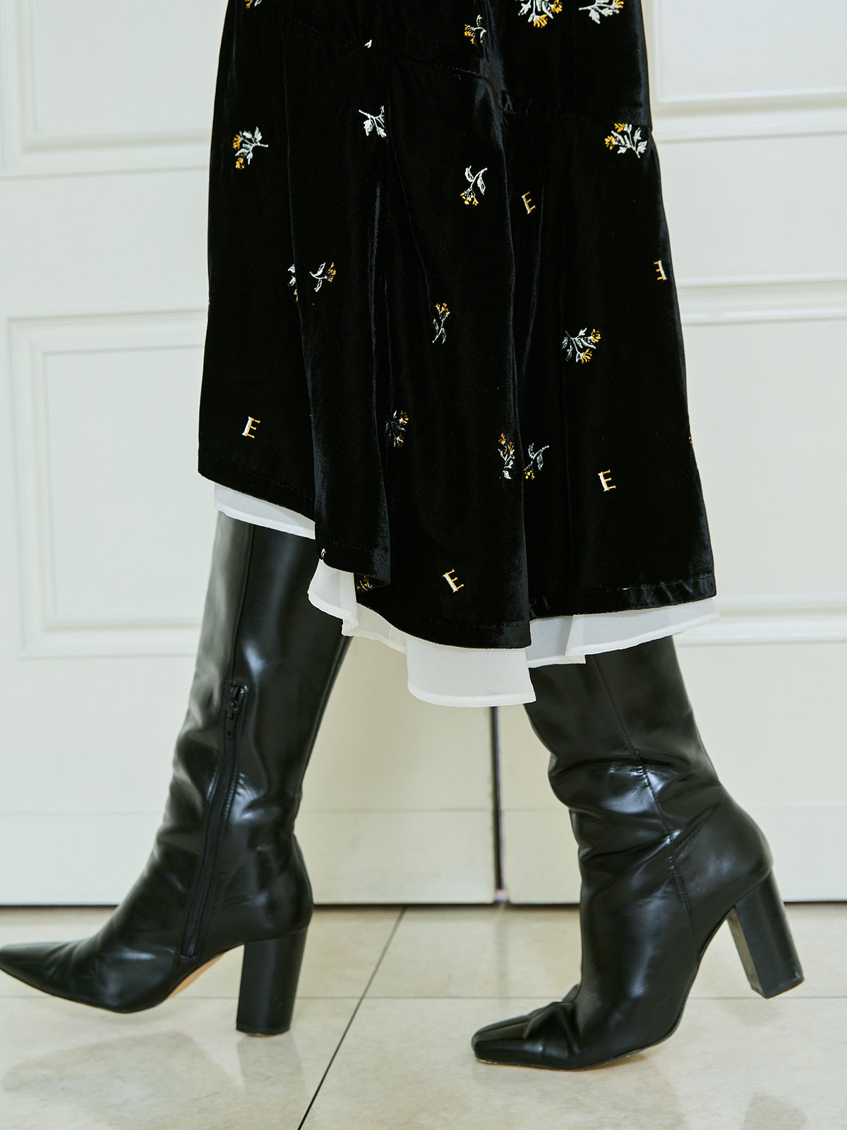 フワラーモチーフベルベットレースカラーワンピース