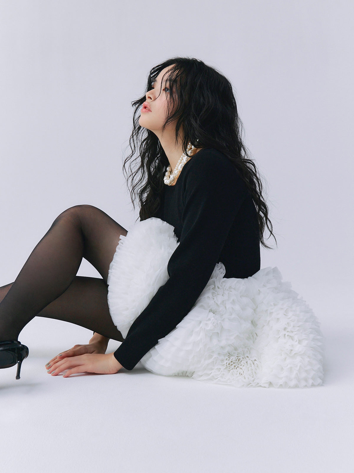 ボリュームチュールフリルニットワンピース