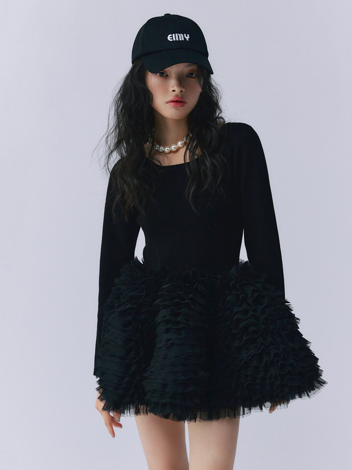 ボリュームチュールフリルニットワンピース