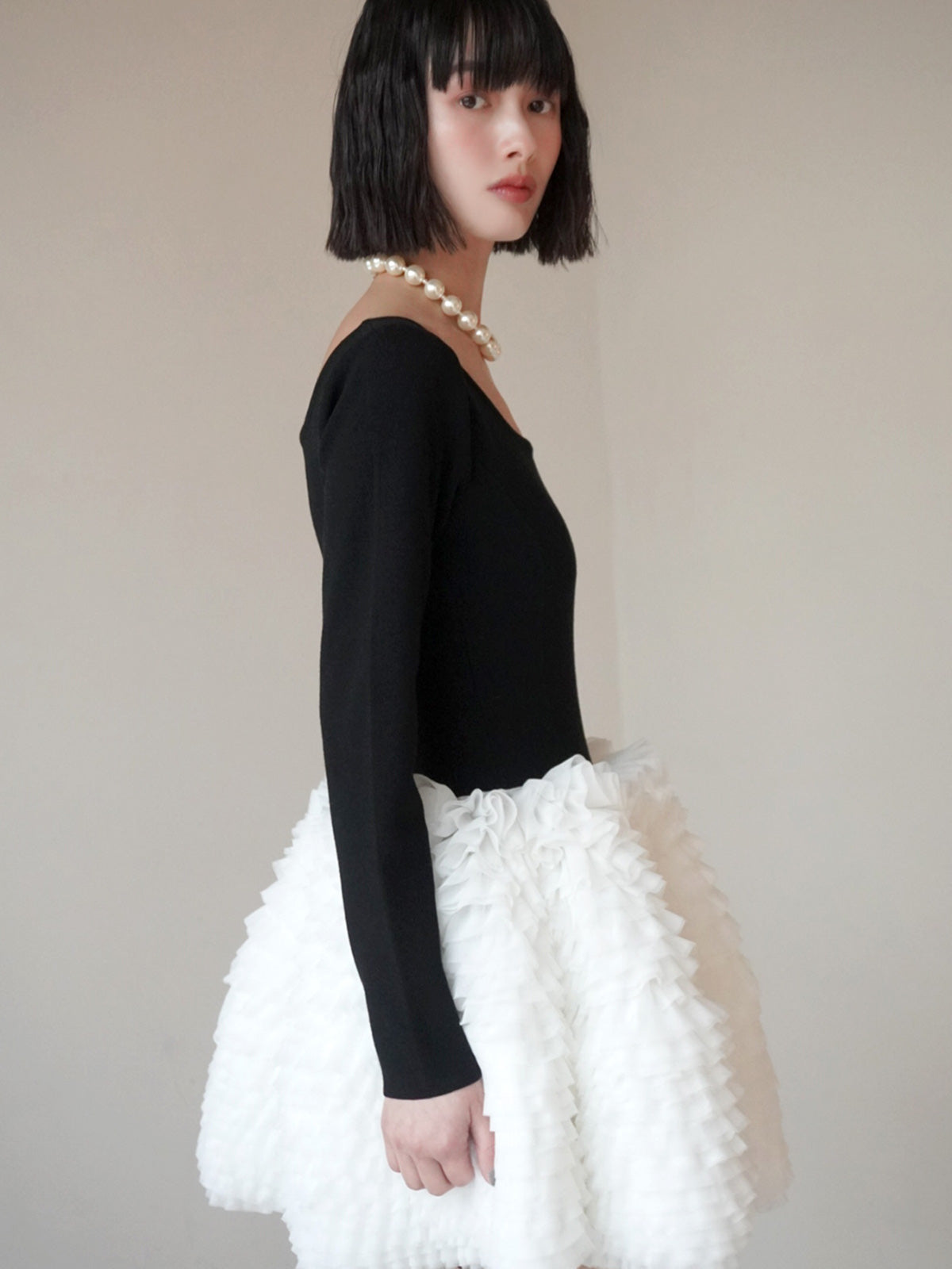 ボリュームチュールフリルニットワンピース