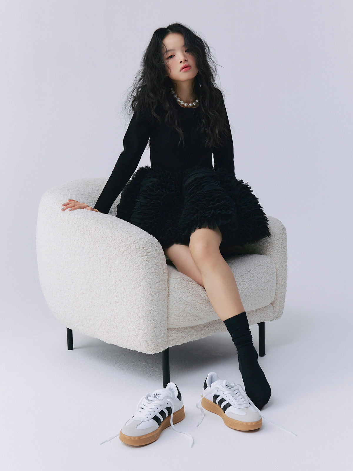 ボリュームチュールフリルニットワンピース