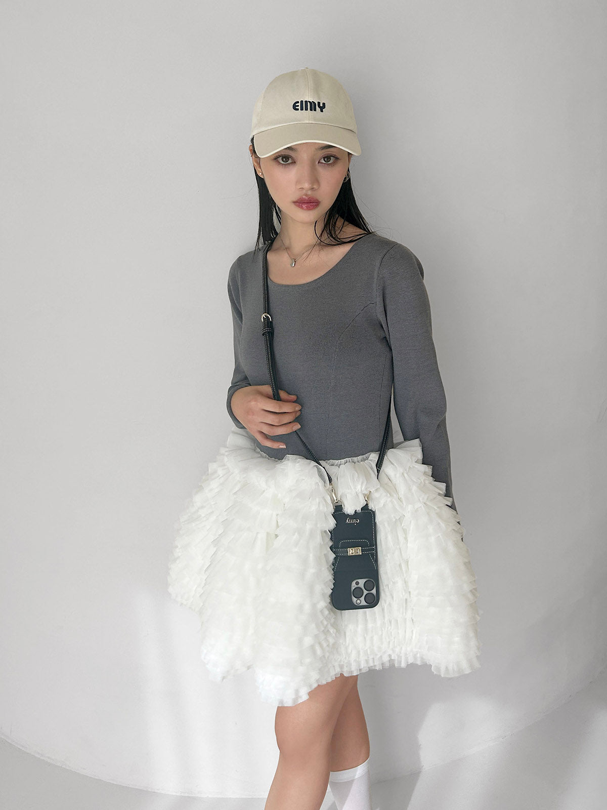 ボリュームチュールフリルニットワンピース