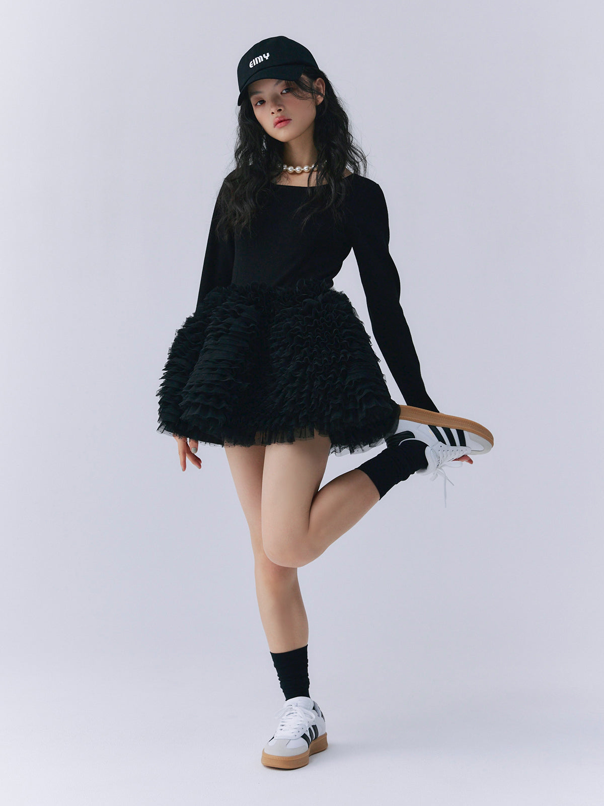 ボリュームチュールフリルニットワンピース