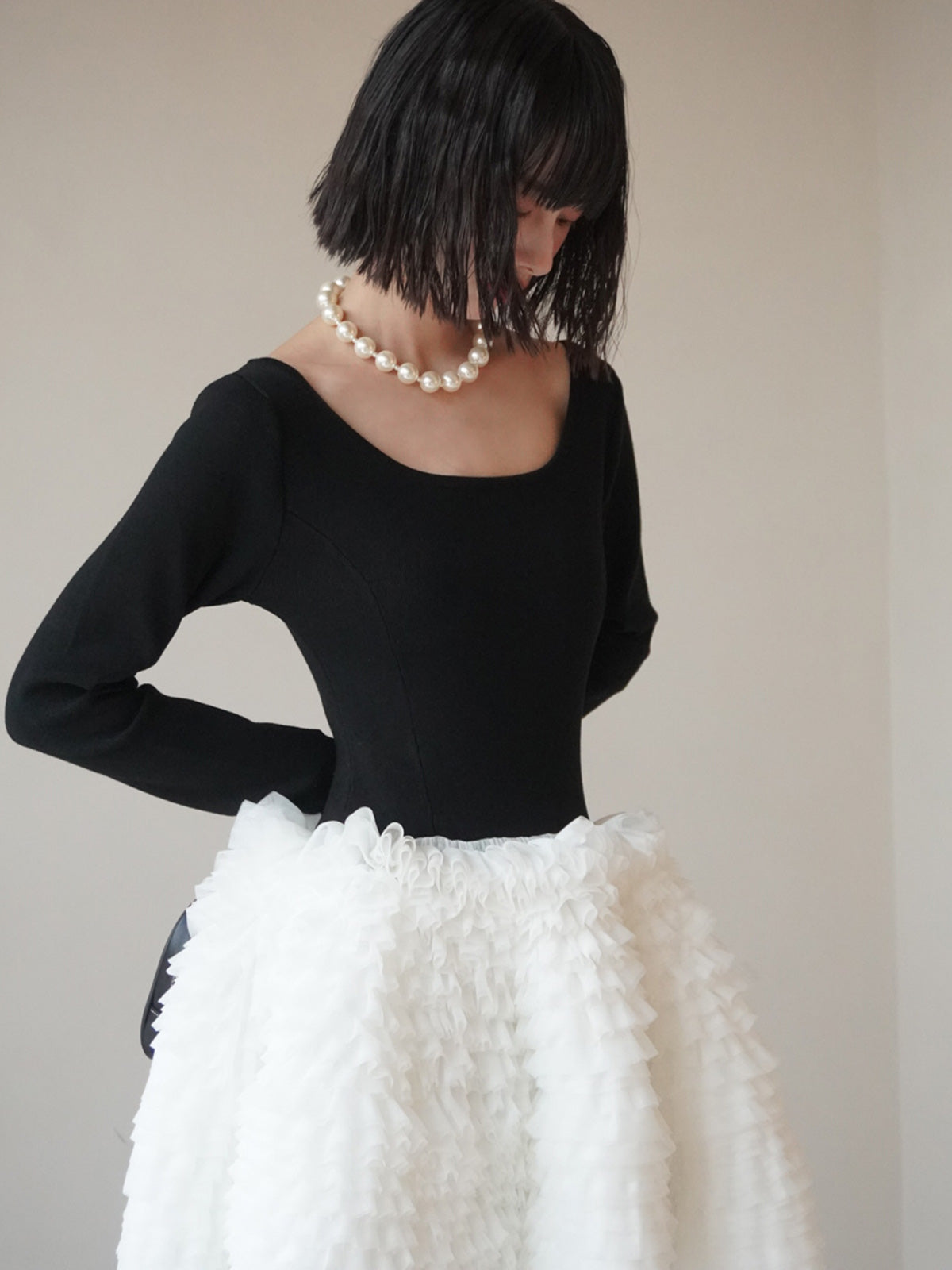 ボリュームチュールフリルニットワンピース