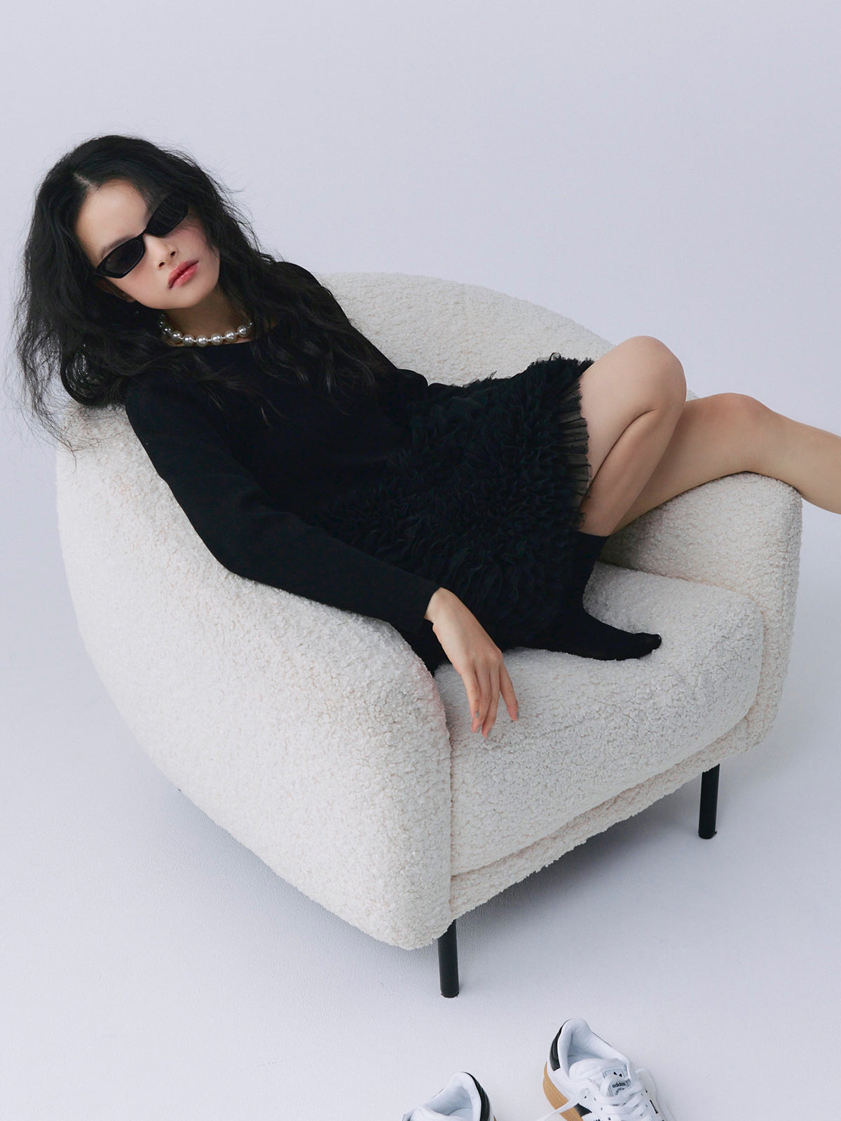 ボリュームチュールフリルニットワンピース