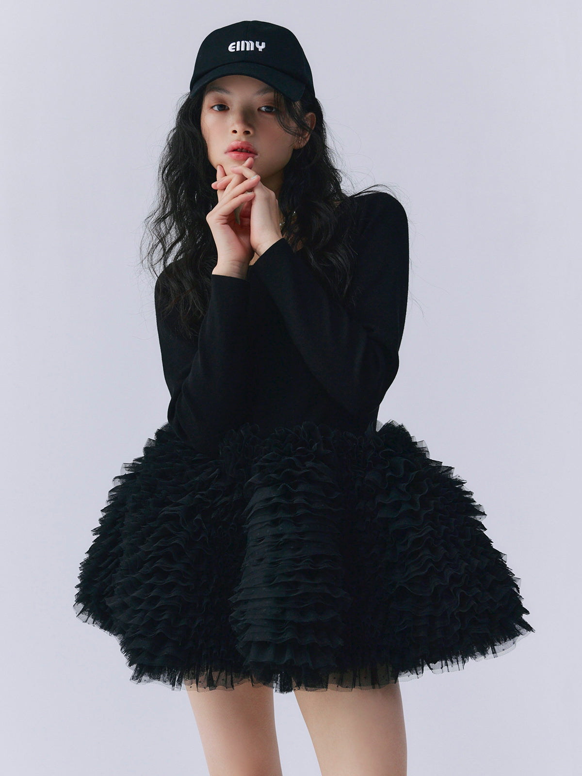 ボリュームチュールフリルニットワンピース