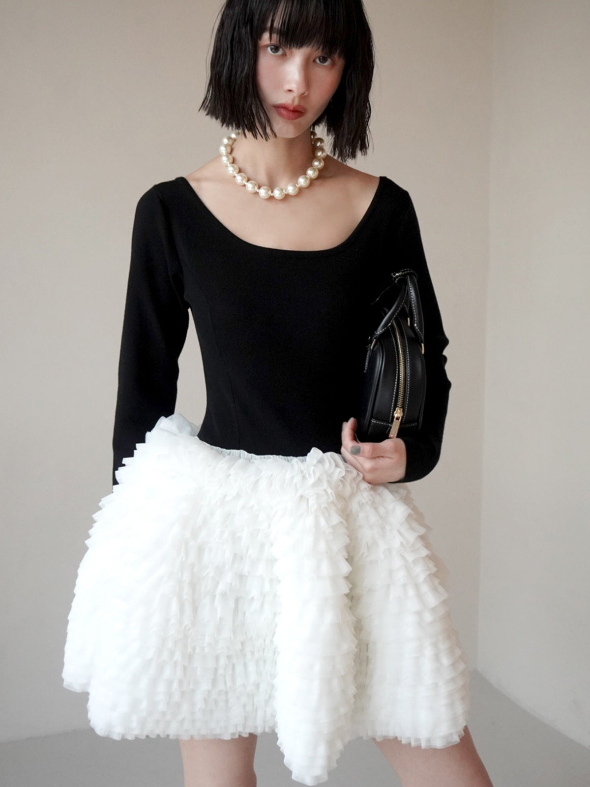 ボリュームチュールフリルニットワンピース