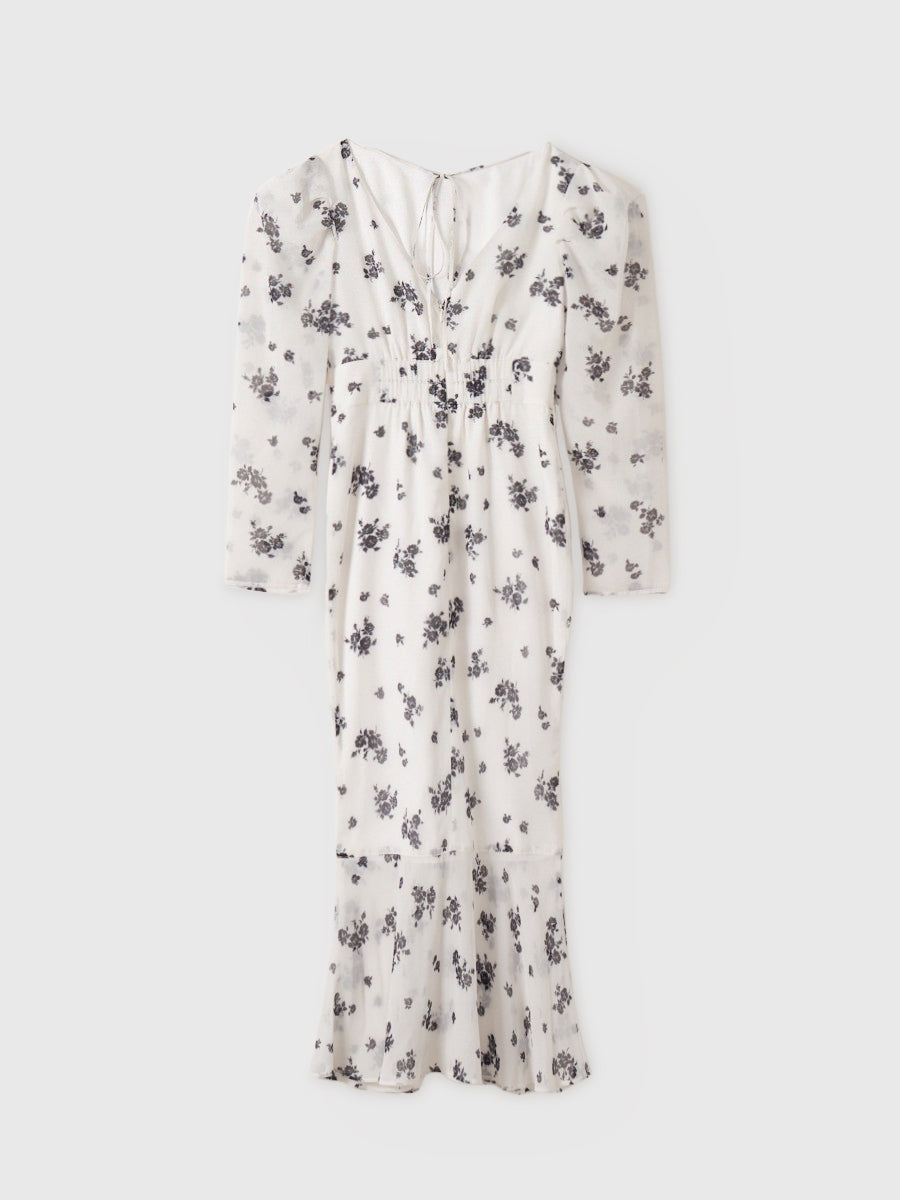 モノトーンフラワーシアースリーブドレス