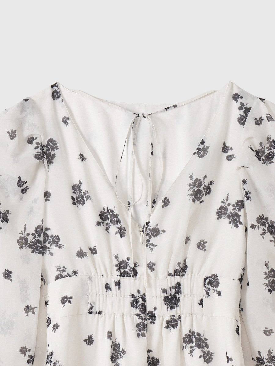 モノトーンフラワーシアースリーブドレス