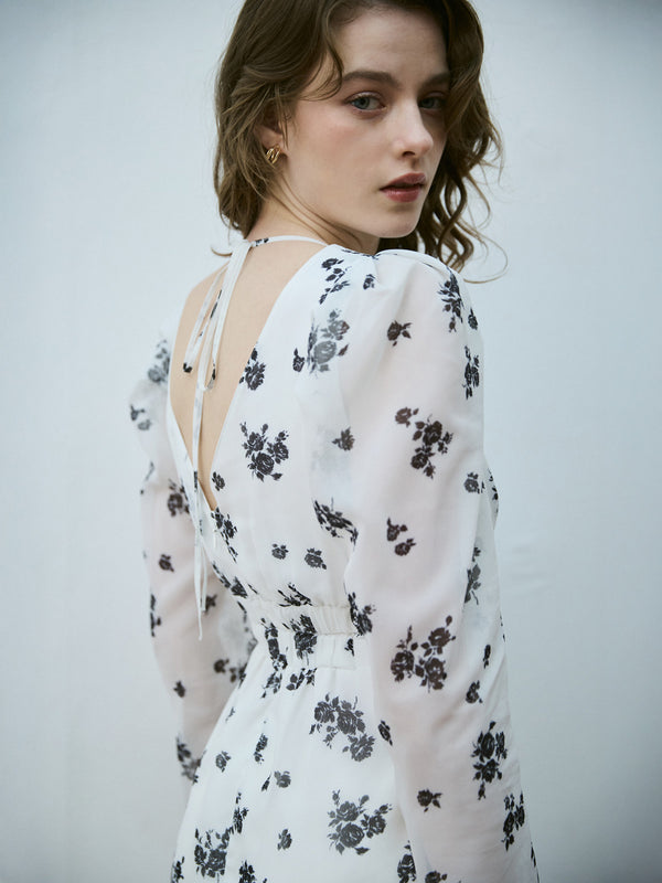 モノトーンフラワーシアースリーブドレス