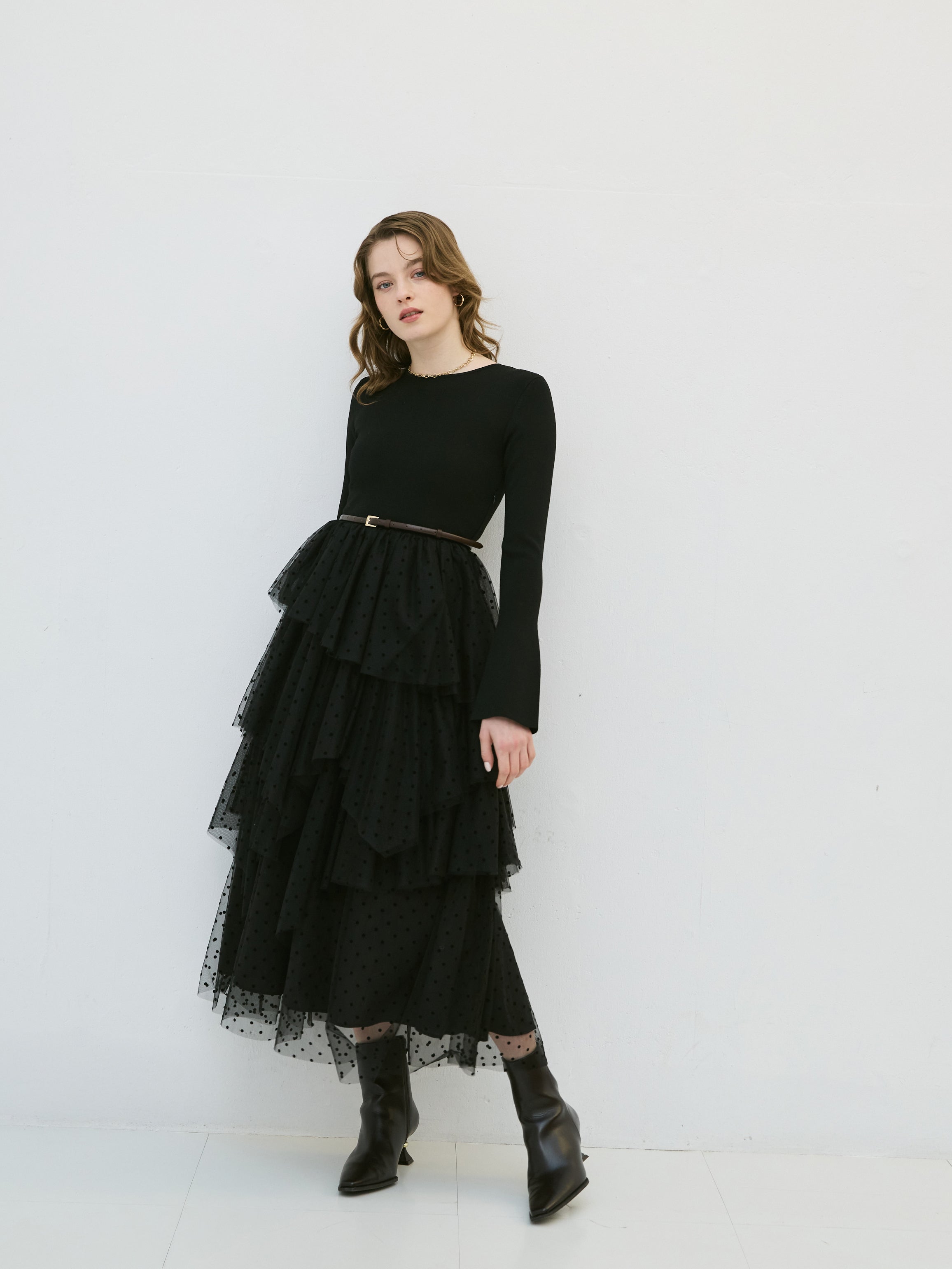 チュールドッキングニットワンピース