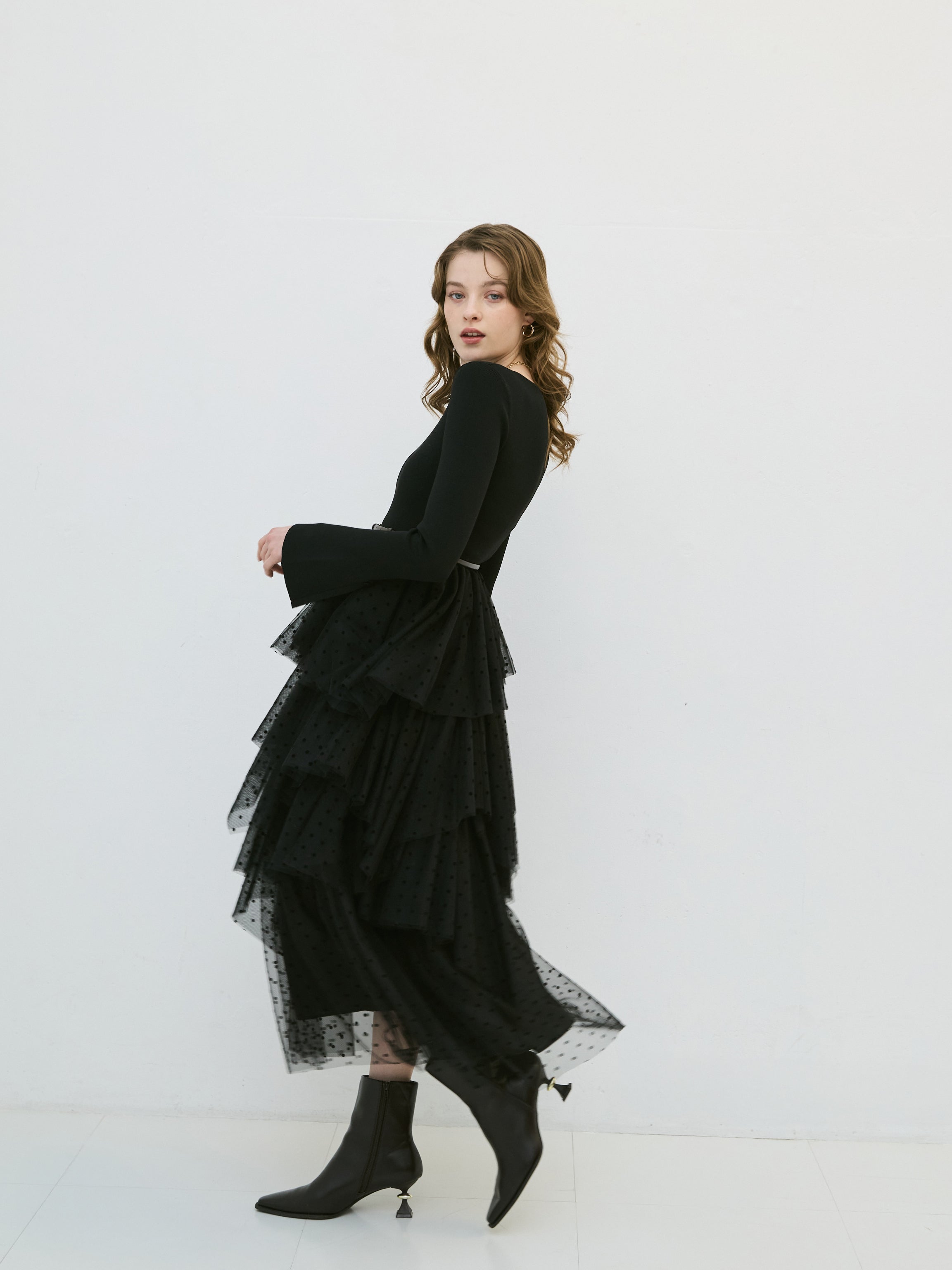 チュールドッキングニットワンピース