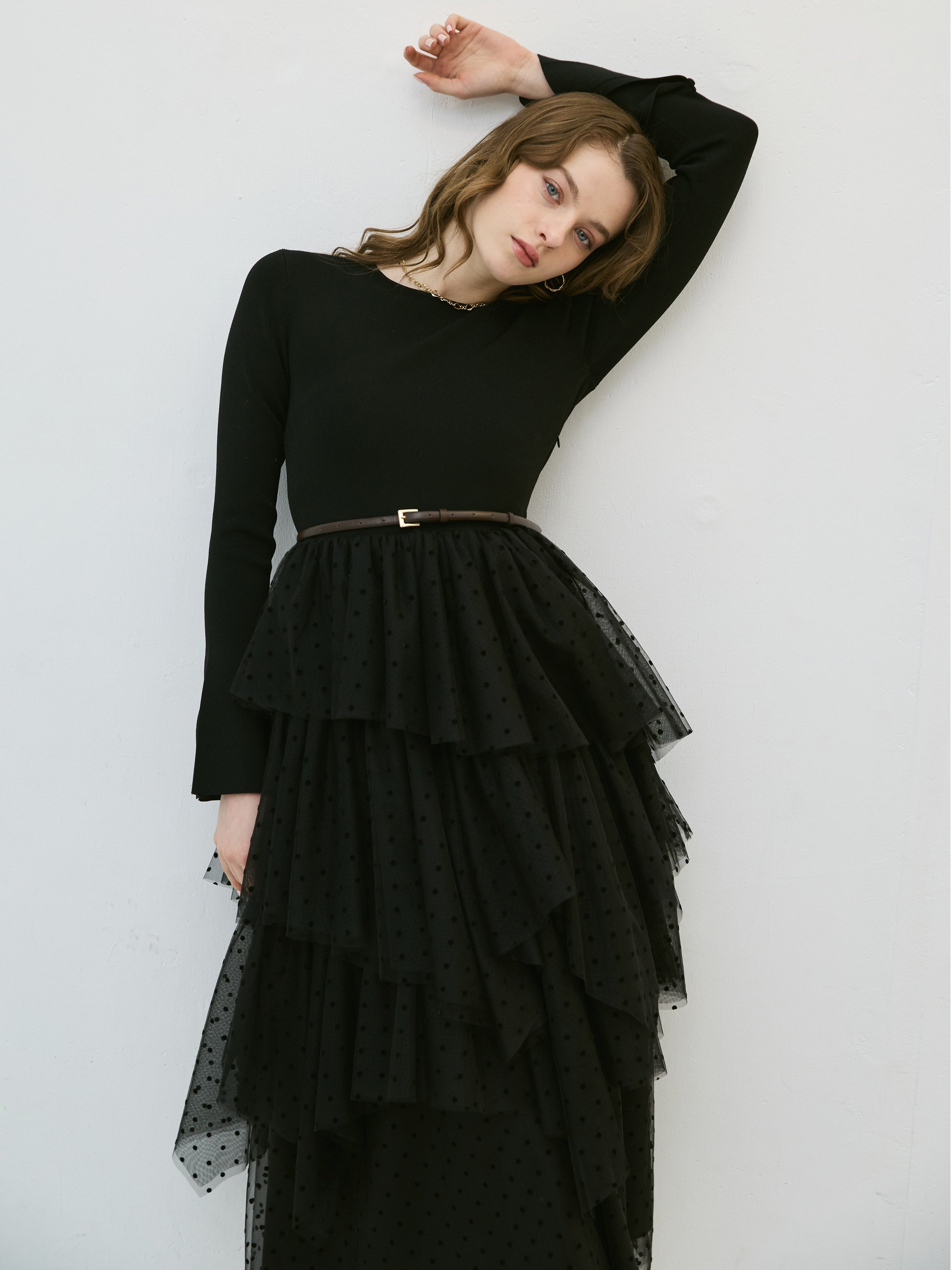 チュールドッキングニットワンピース