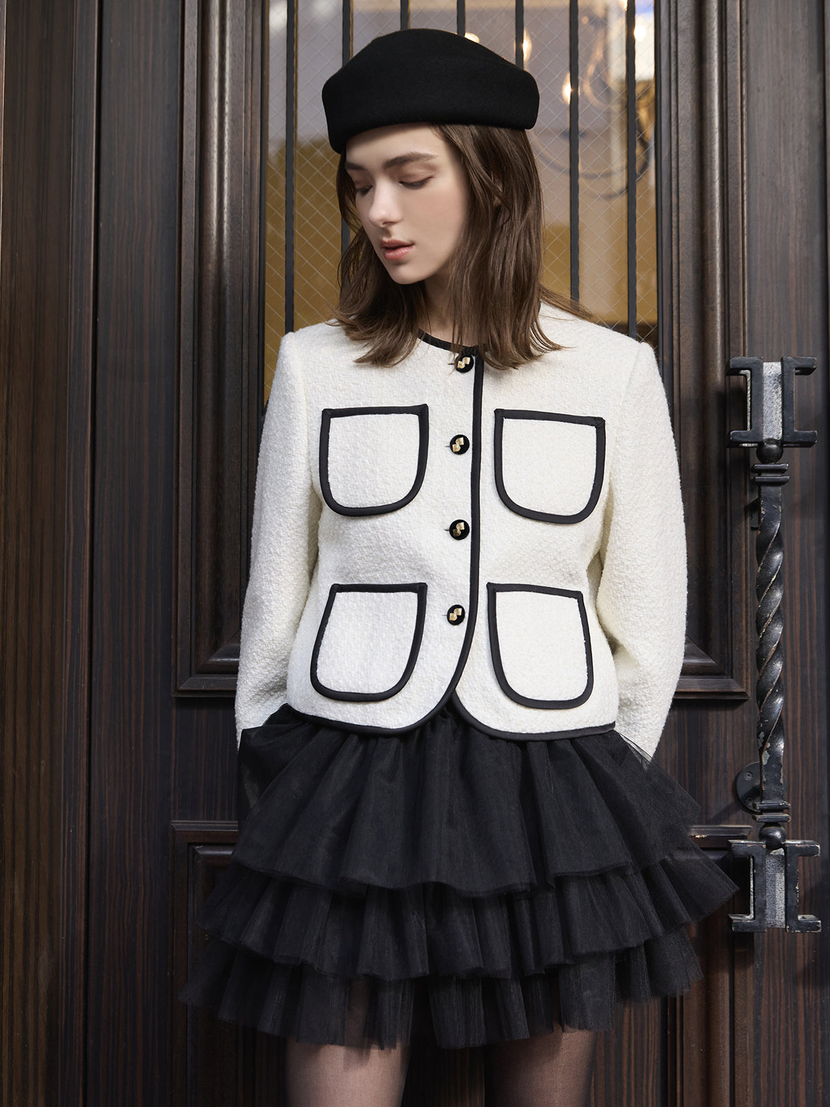 サテントリムツイードジャケット