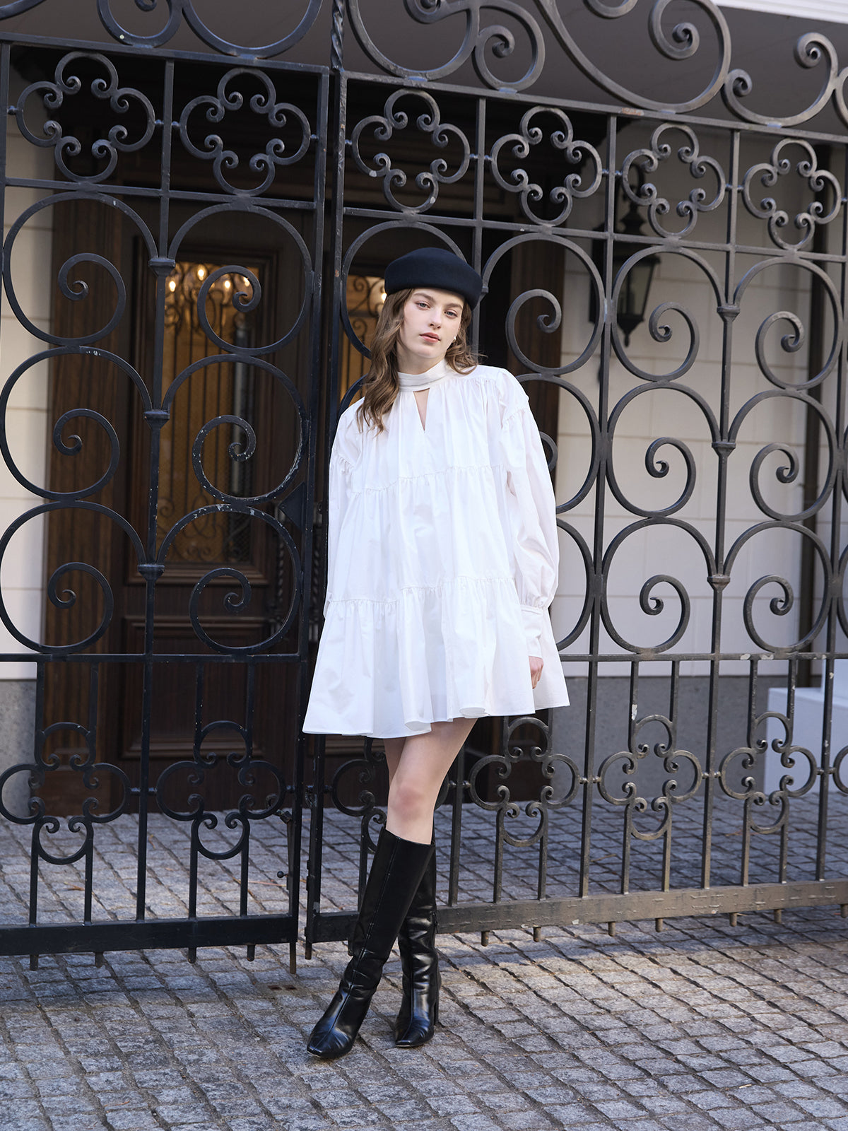 ボウタイシャツフレアワンピース