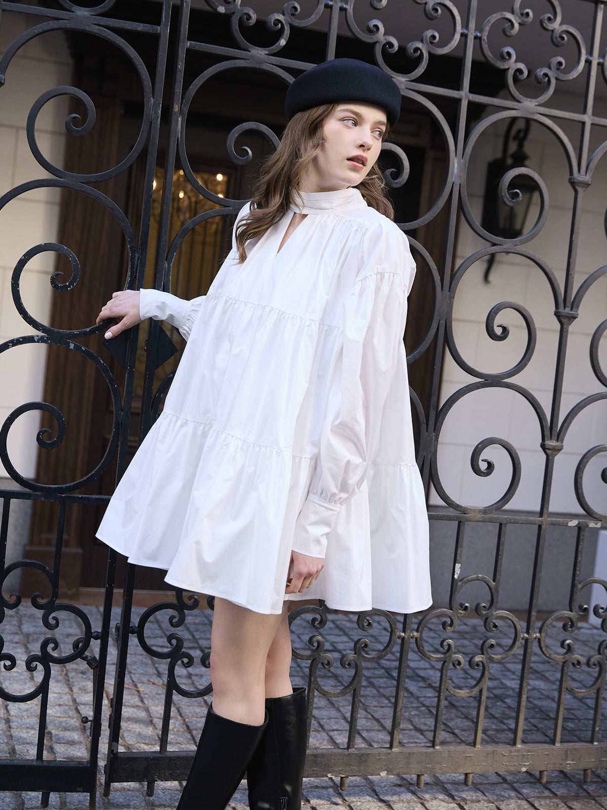 ボウタイシャツフレアワンピース