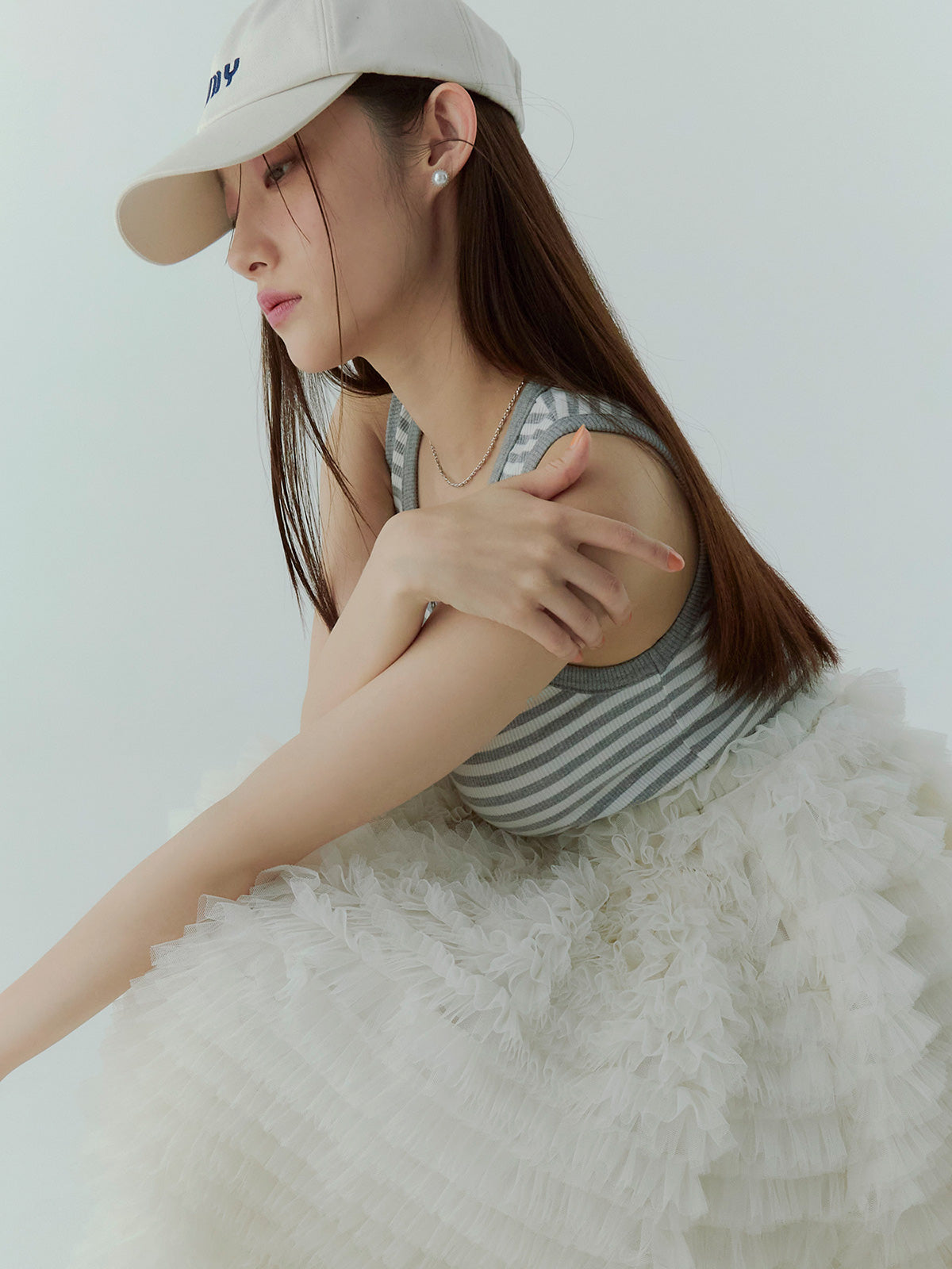 カットドッキングフリルチュールワンピ