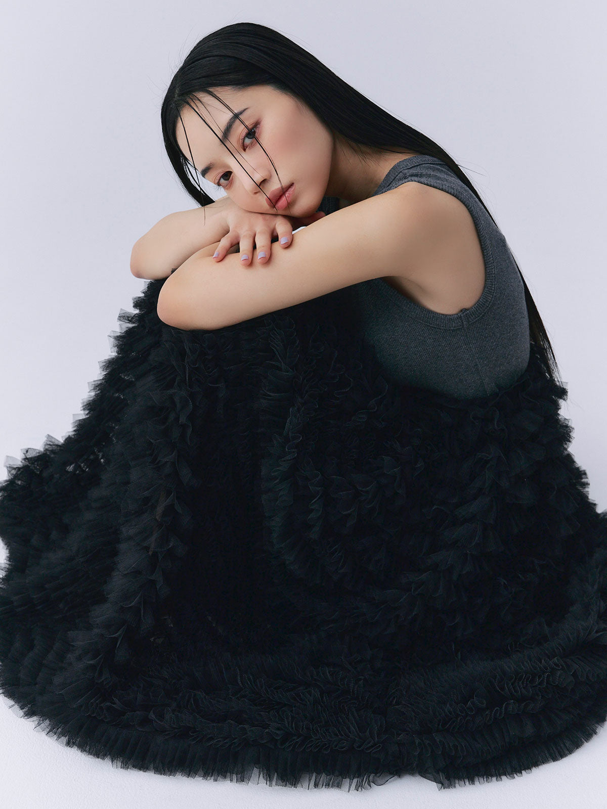 カットドッキングフリルチュールワンピ