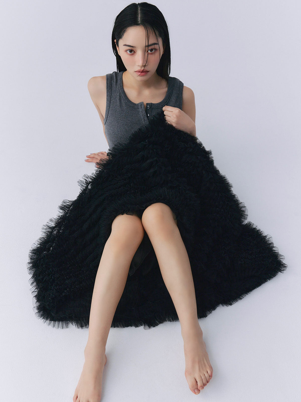 カットドッキングフリルチュールワンピ