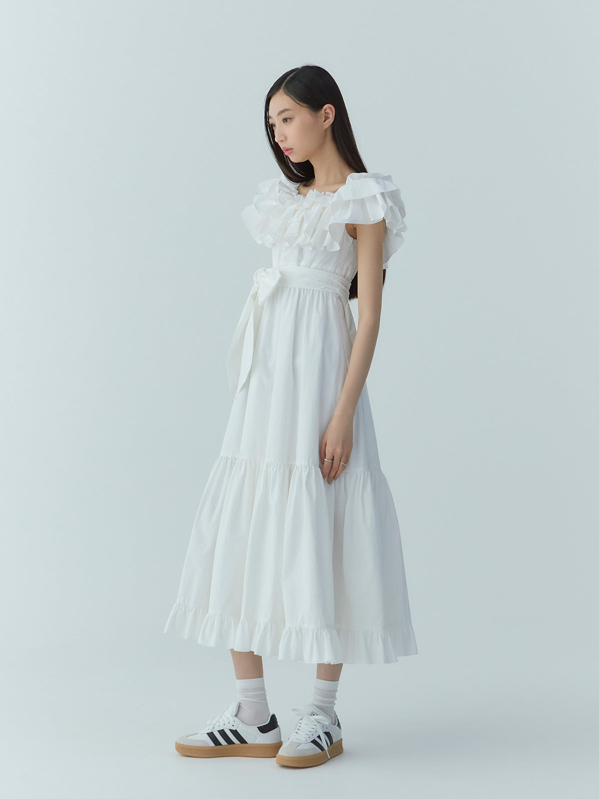 オフショルフリルマキシワンピース