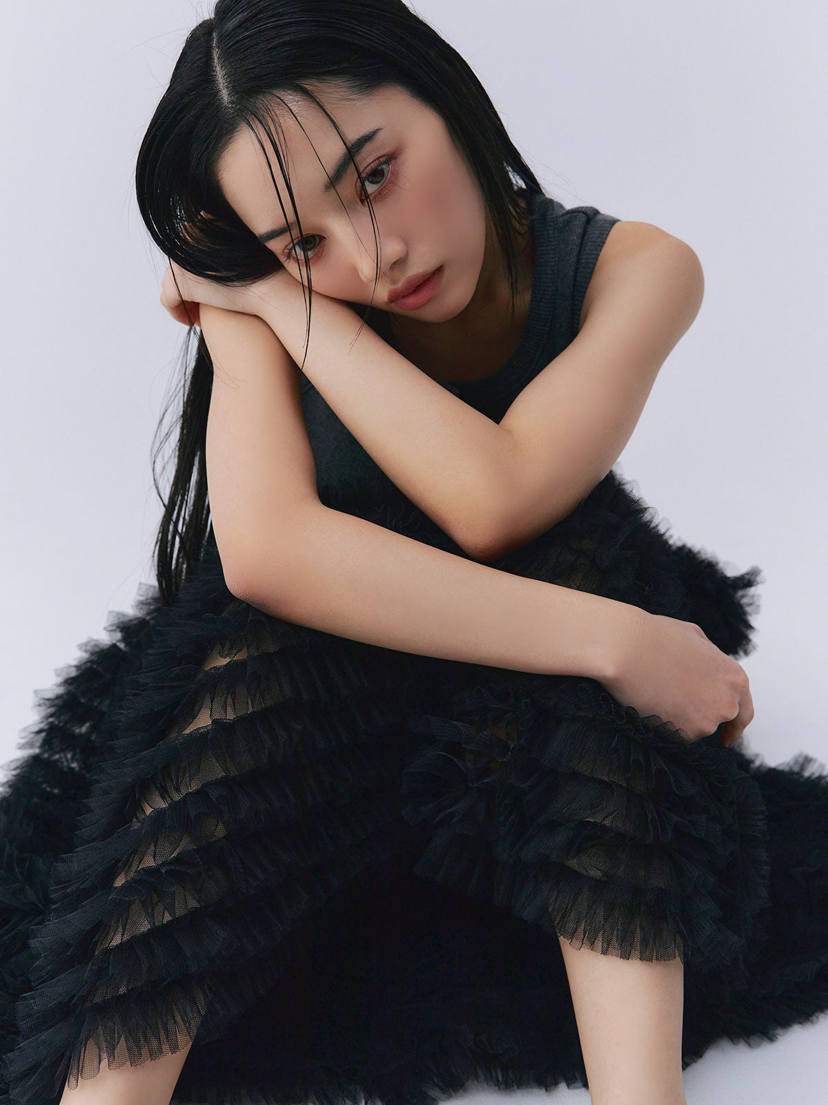 カットドッキングフリルチュールワンピ