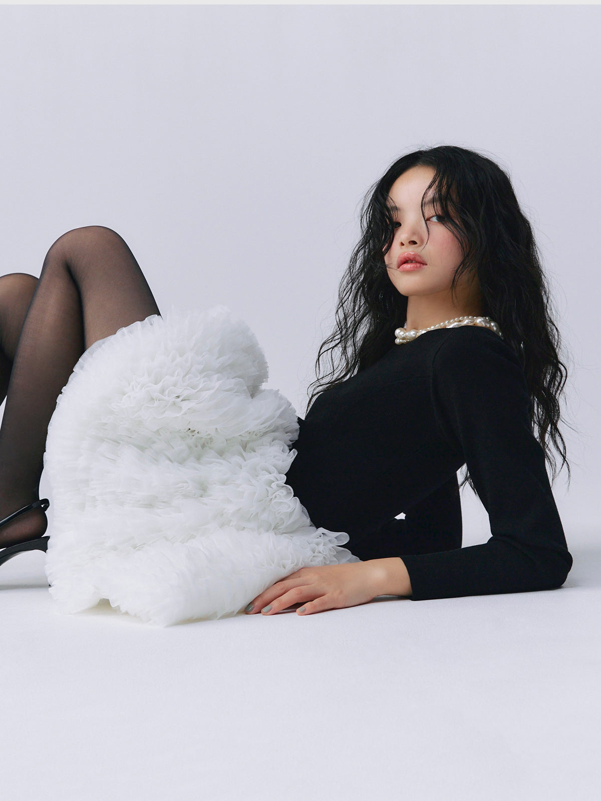 ボリュームチュールフリルニットワンピース