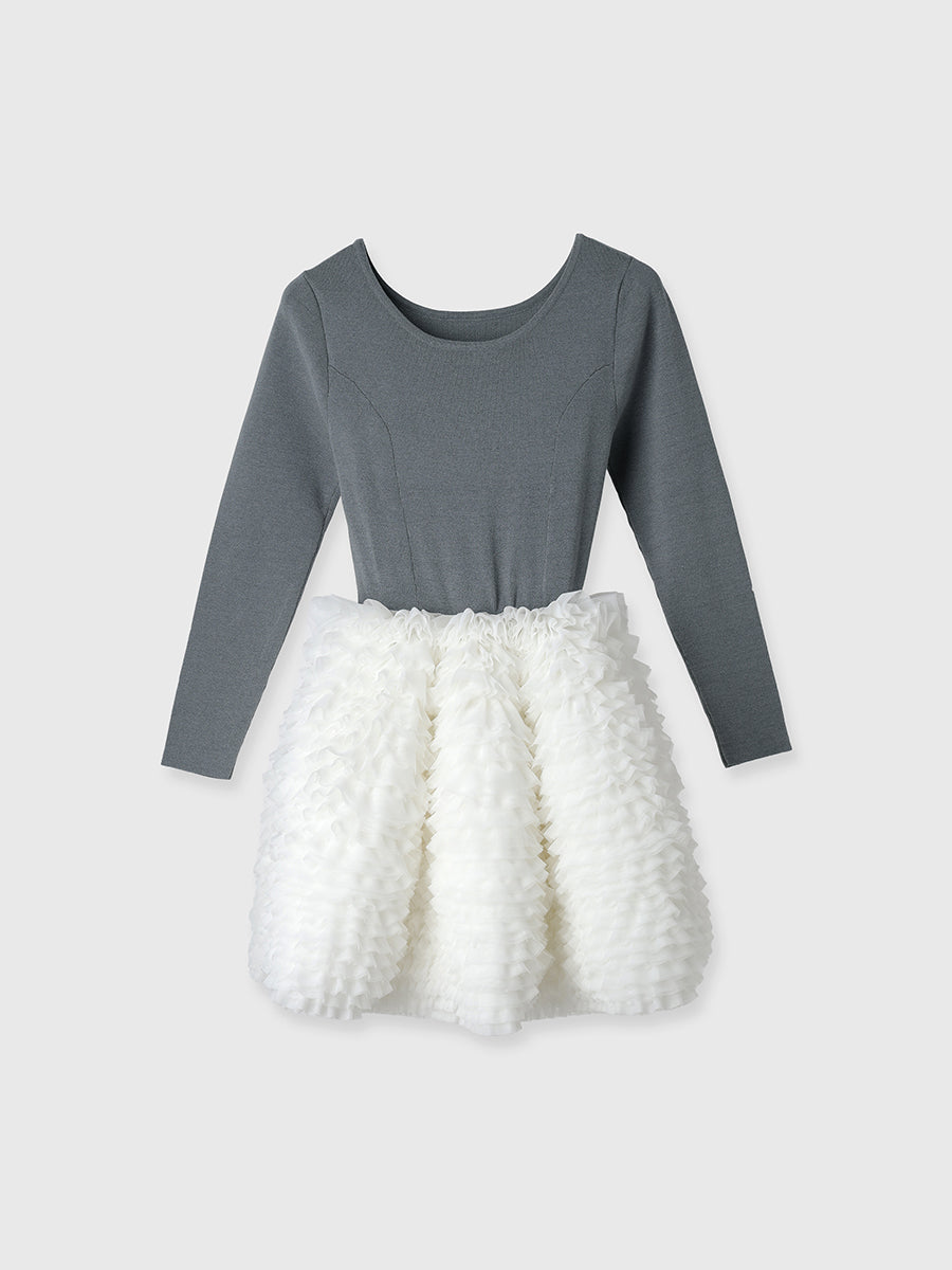 ボリュームチュールフリルニットワンピース
