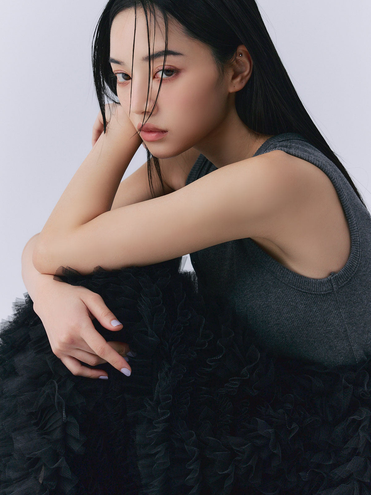 カットドッキングフリルチュールワンピ