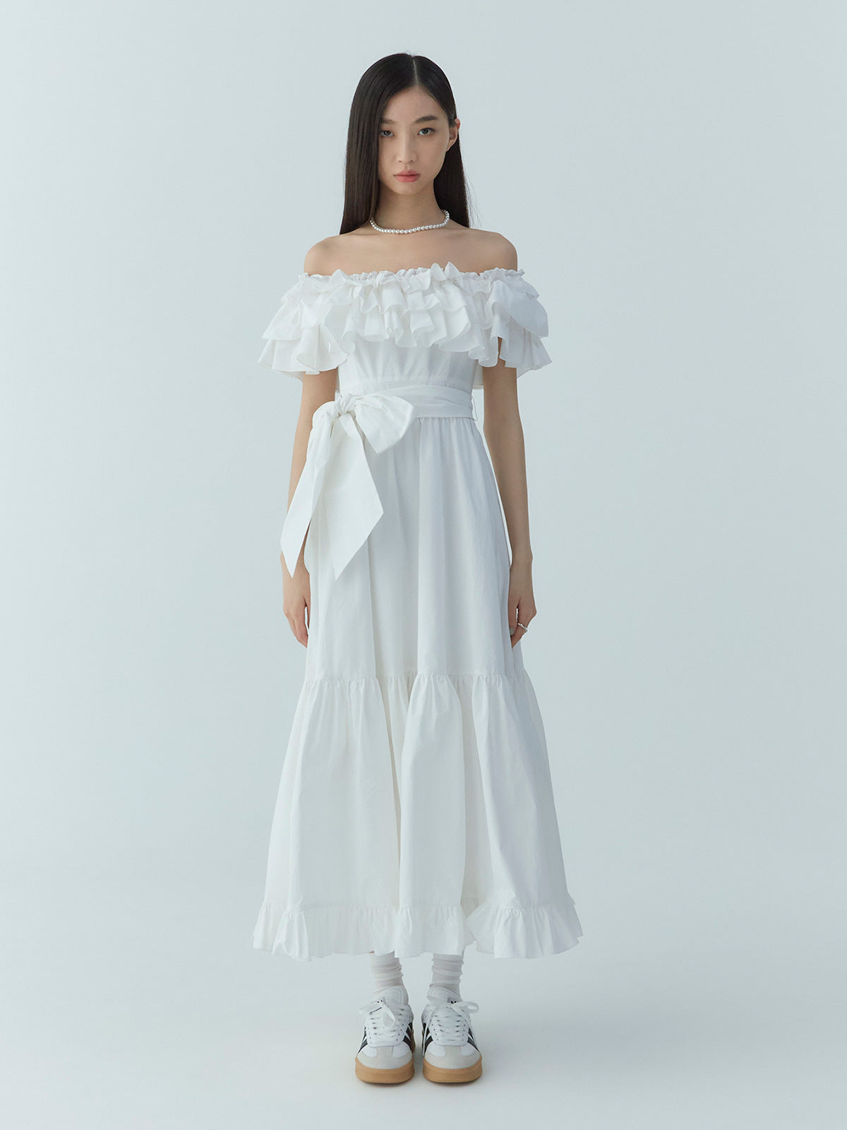 オフショルフリルマキシワンピース