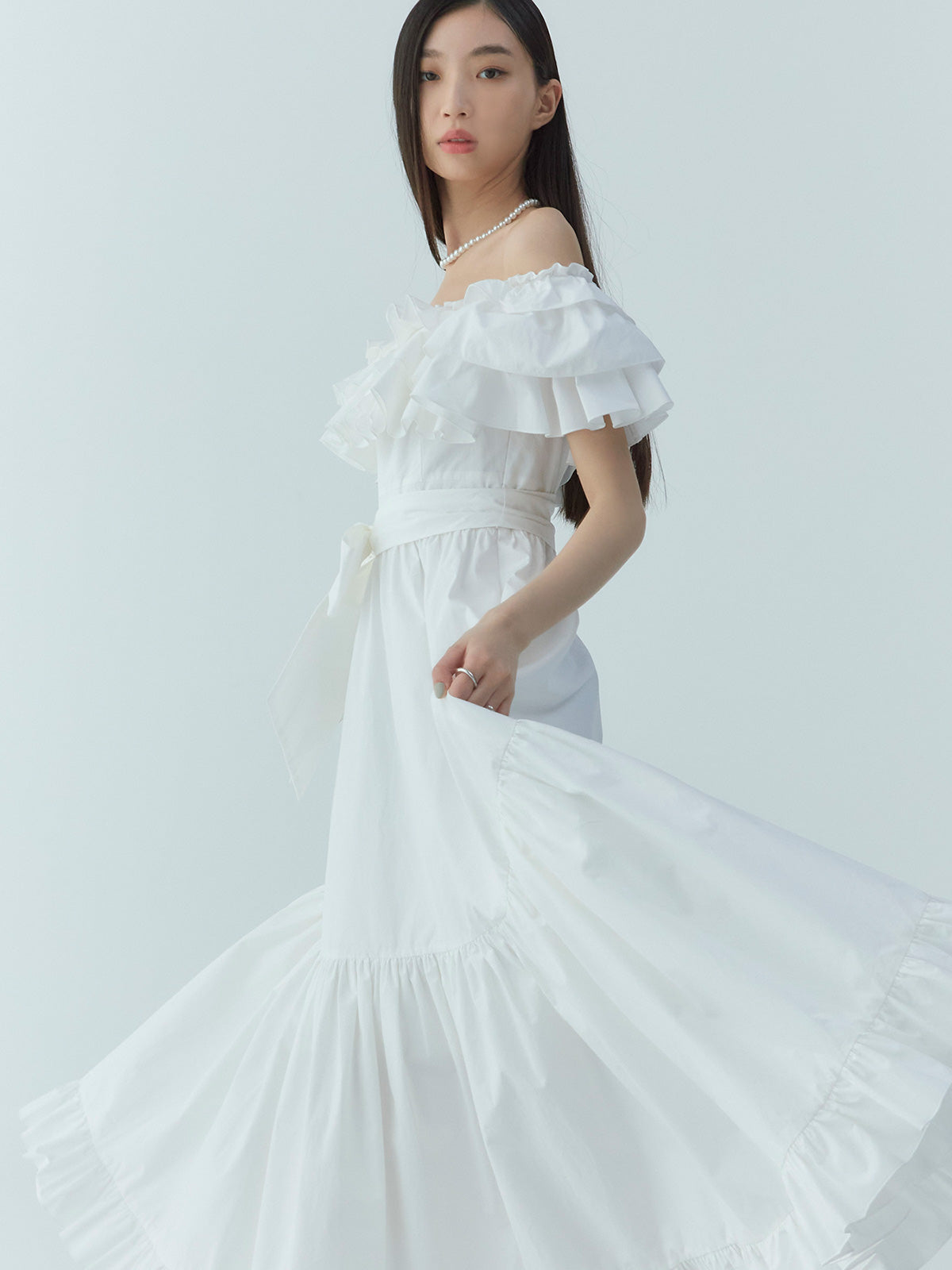 オフショルフリルマキシワンピース