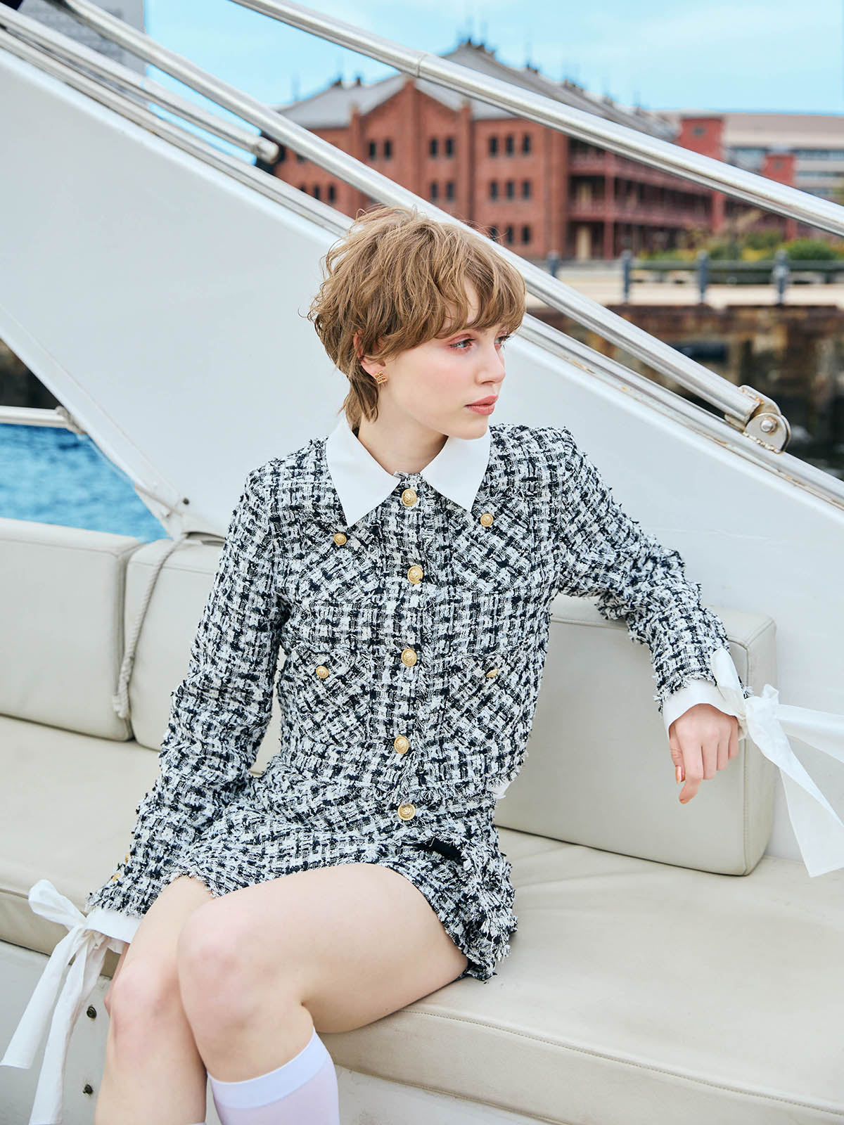 ♡新品未使用♡ eimy istoire チェックツイードパールポイントブラウス ツイードノーカラージャケット