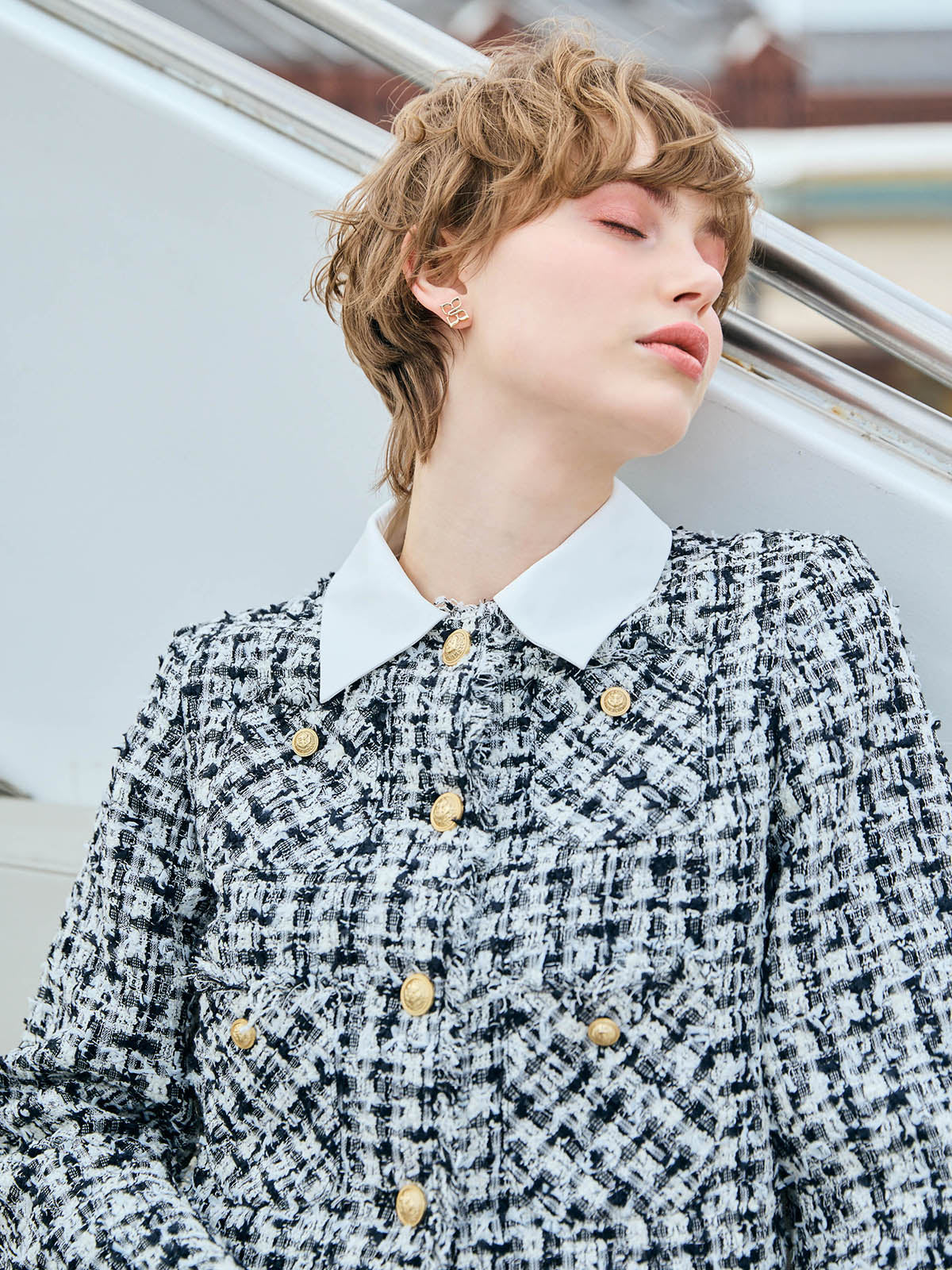 Attachedcollarチェックツイードジャケット