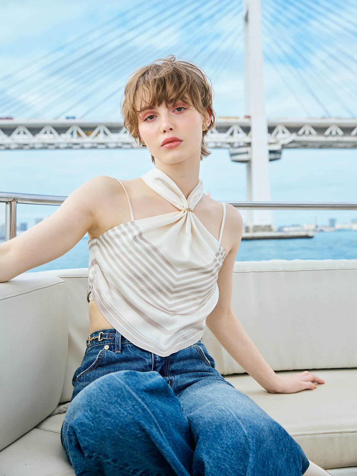 スカーフパターンホルターネックトップス